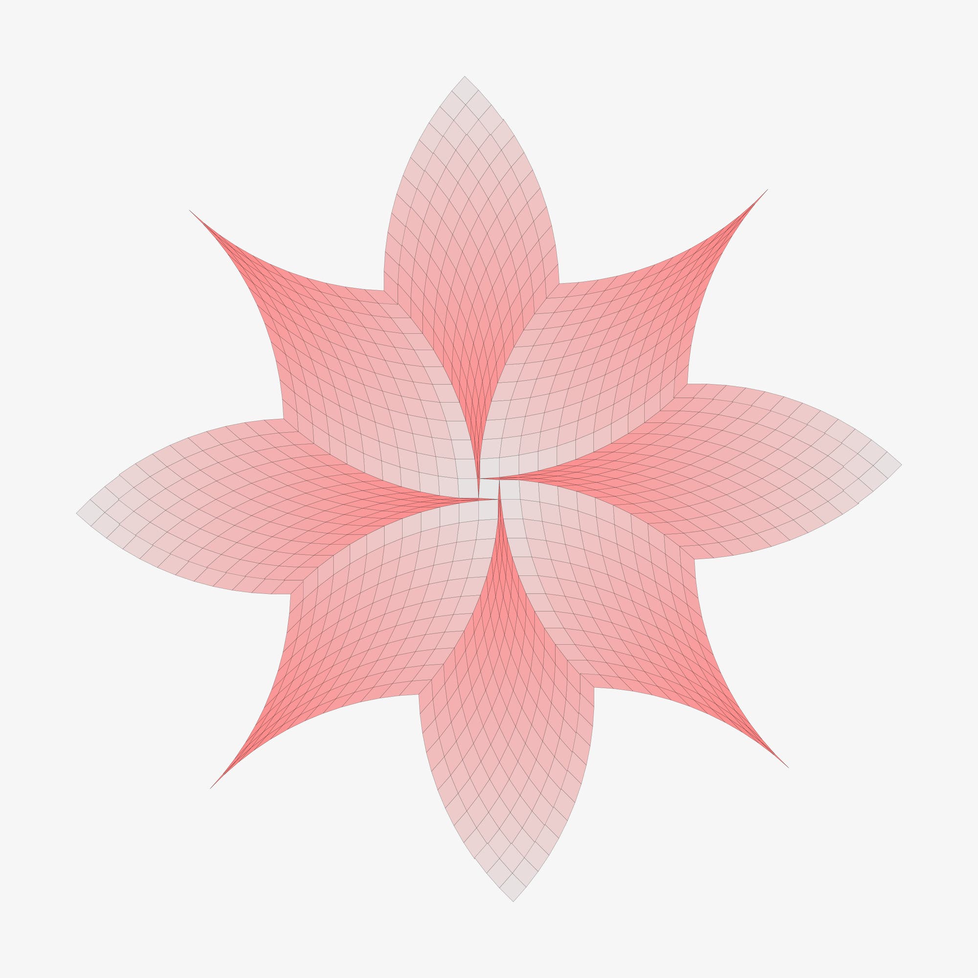 Eine 3D-Darstellung zeigt eine sechszackige, sternförmige Struktur mit einem Gittermuster. Die Oberfläche ist in verschiedenen Rottönen schattiert, was eine dreidimensionale Tiefe erzeugt. Die Spitzen der Struktur sind nach außen gebogen, und das Gittermuster betont die geometrische Symmetrie. Der Hintergrund ist grau, was den Kontrast zur Struktur verstärkt.