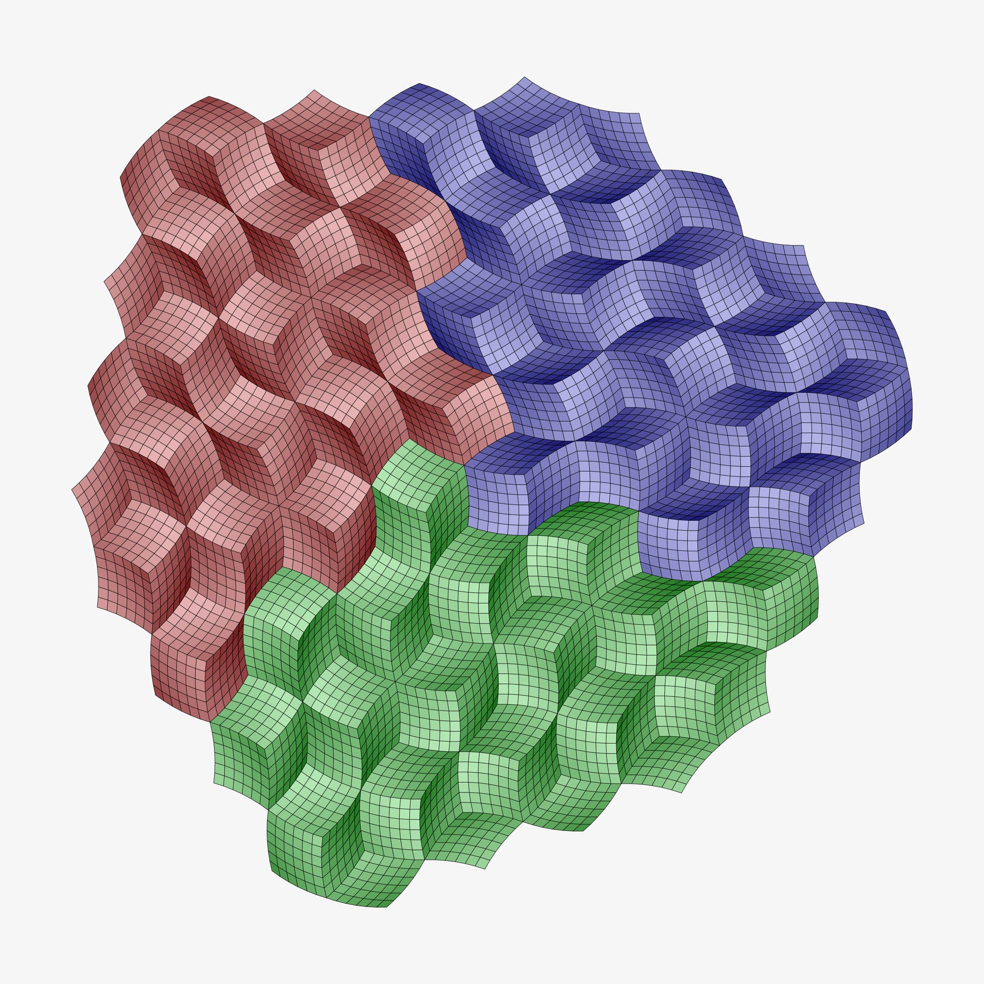 Eine 3D-Darstellung zeigt ein komplexes, wellenförmiges Muster aus ineinandergreifenden, farbigen Blöcken. Die Blöcke sind in drei Farben unterteilt: Rot, Blau und Grün. Jede Farbe bildet ein eigenes Segment, das sich nahtlos mit den anderen verbindet, um eine zusammenhängende Struktur zu schaffen. Die Oberfläche der Blöcke ist in kleine Quadrate unterteilt, die die dreidimensionale Textur betonen. Das Bild veranschaulicht geometrische Muster und räumliche Anordnung.