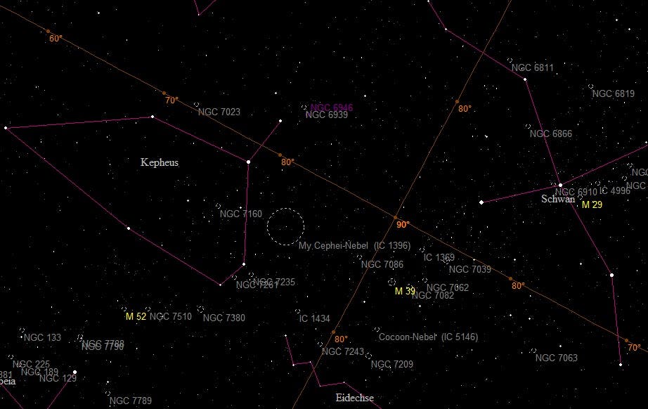 Objekte im Bereich der Sternbilder Kepheus und Schwan (Übersichtskarte)