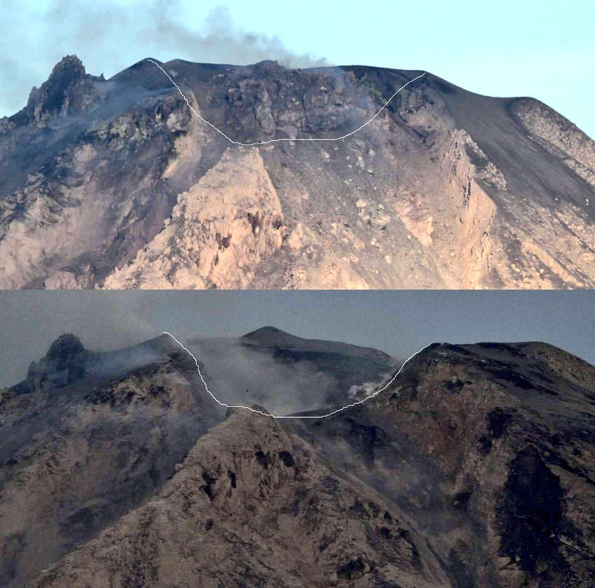 Zwei Fotos des Sinabung vor und nach der Eruption vom 19.2.2018. Die eingezeichnete Linie zeigt den Kraterrand nach der Explosion.