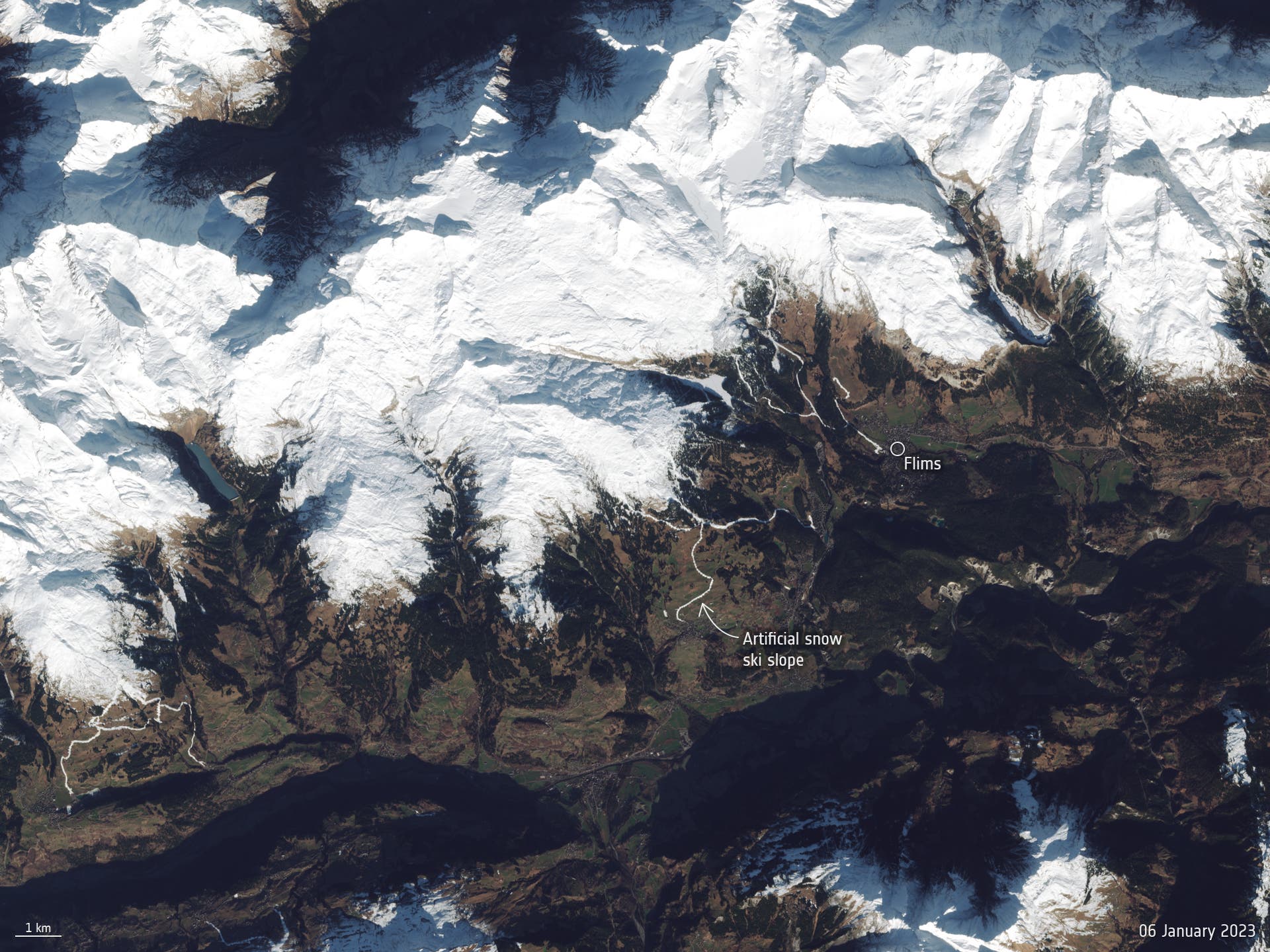 Blick aus dem All auf die Skigebiete Flims, Laax und Falera in der Schweiz