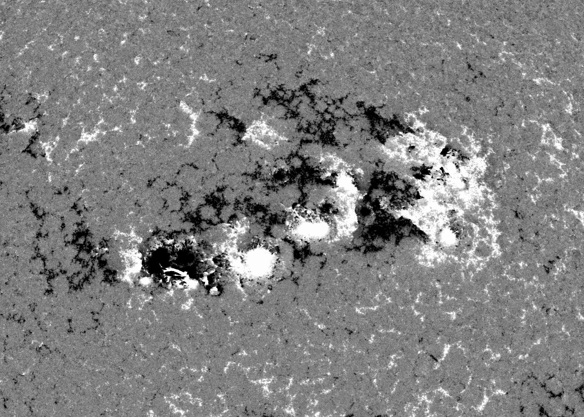 Imagen en blanco y negro de una superficie solar con manchas de sol oscuro y áreas claras que representan actividades magnéticas. La trama es de grano e irregular distribuida. Esta imagen muestra la actividad dinámica del sol y puede usarse para estudios científicos.