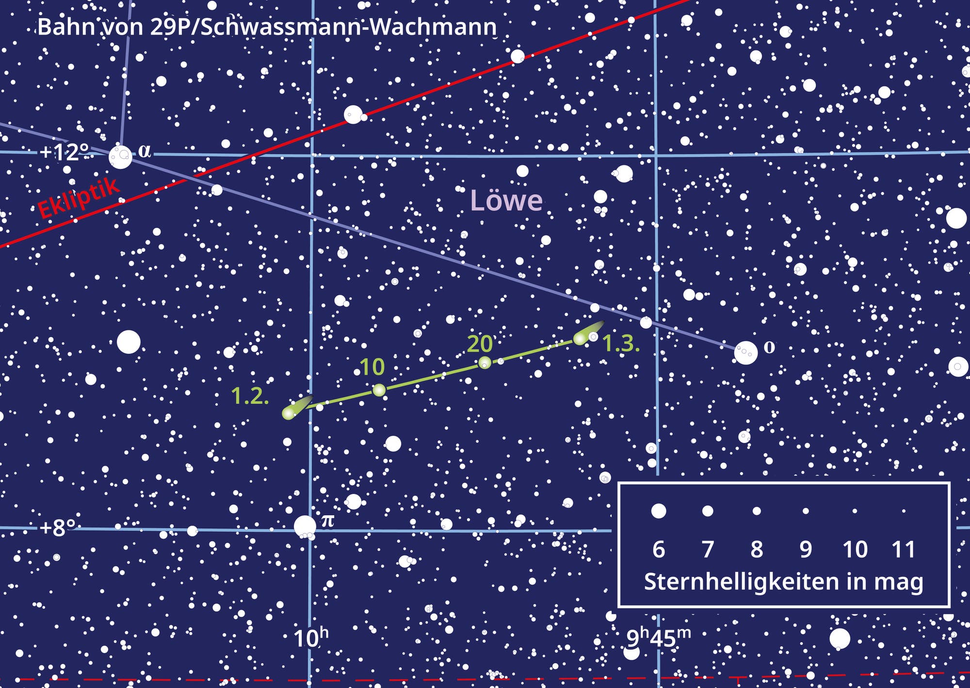 So bewegt sich der Komet 29P im Februar 2025 durch die Sternbilder