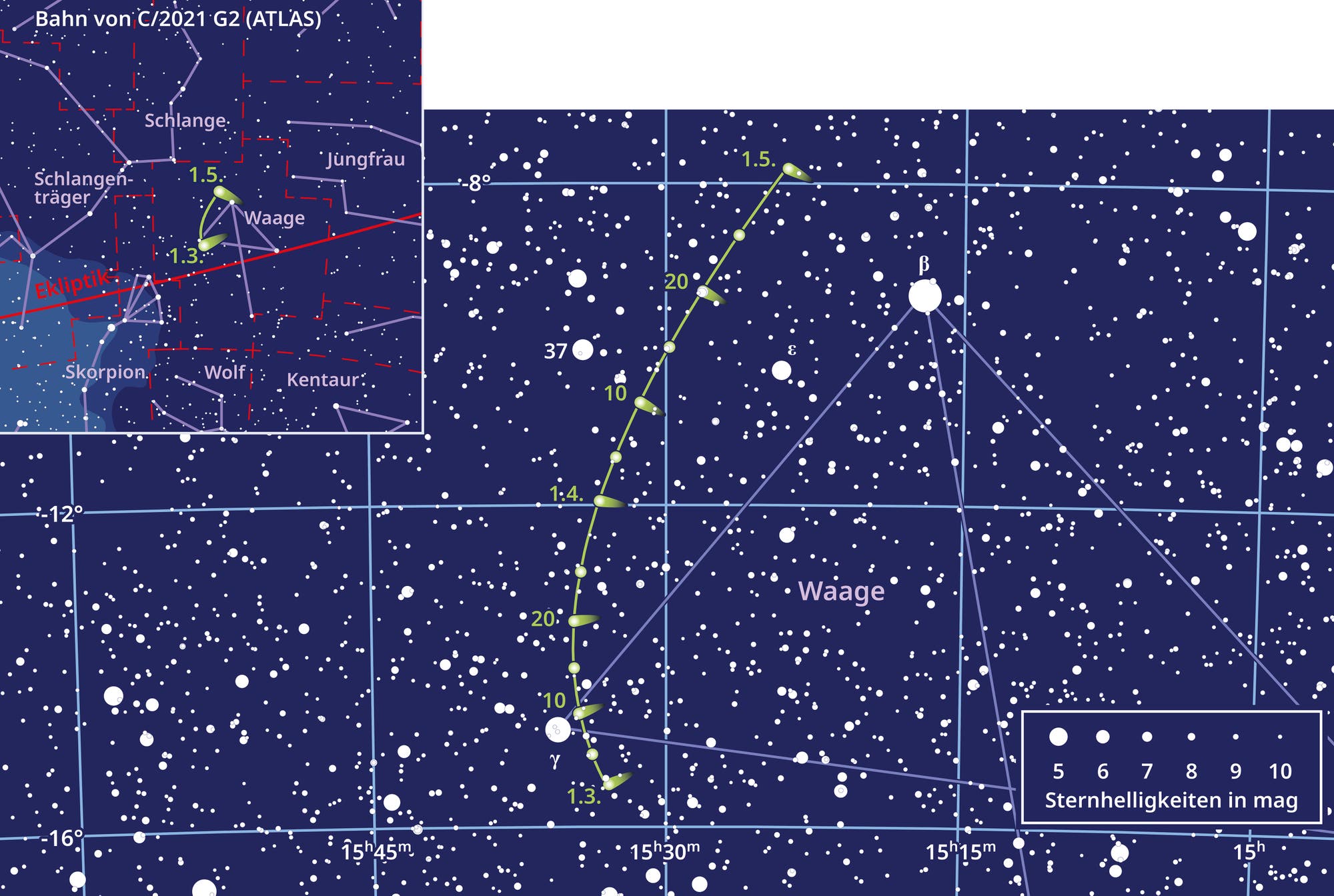 Komet C/2021 G2 (ATLAS) im Sternbild Waage