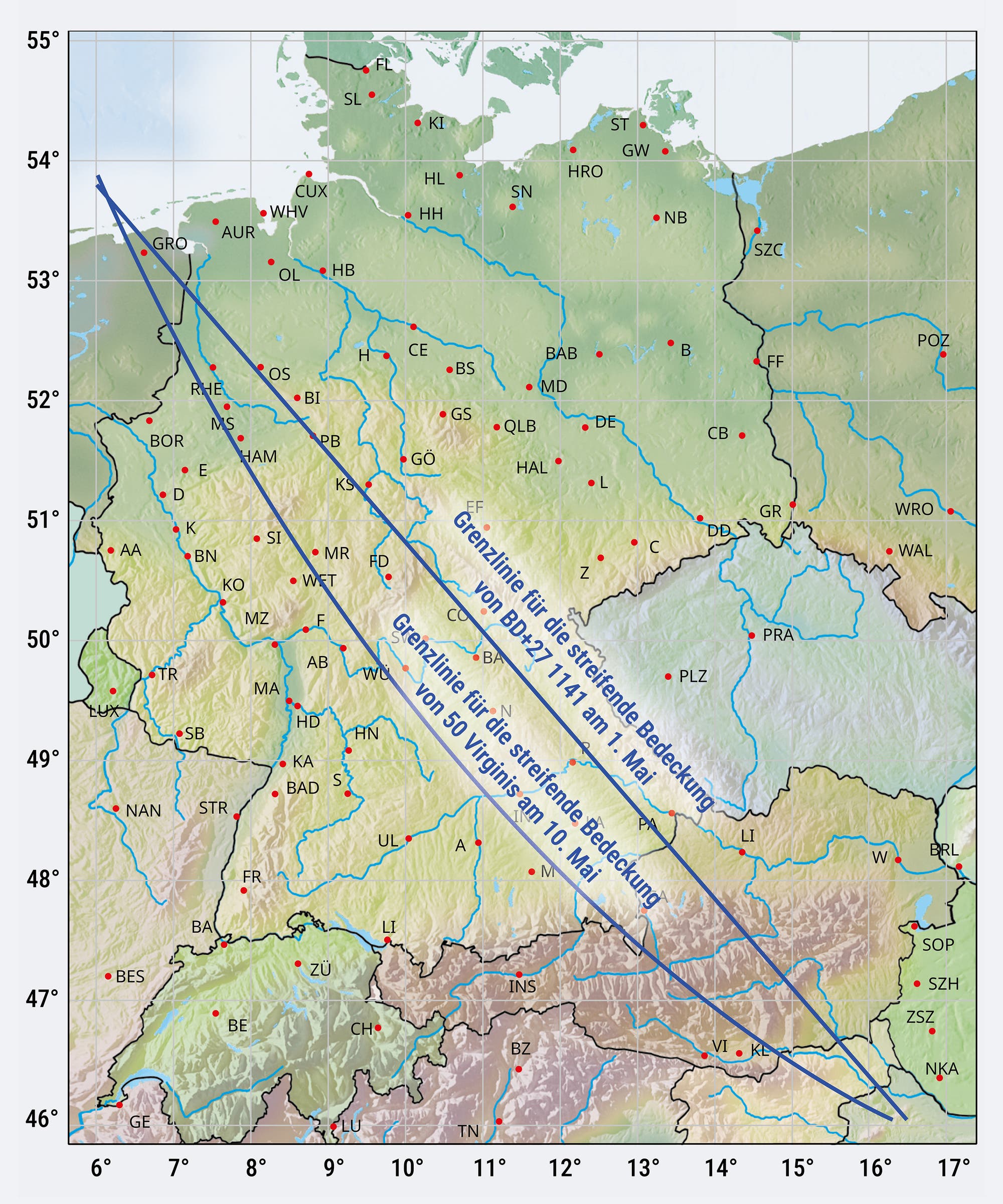 Deutschlandkarte mit eingezeichneten Grenzlinien für die streifenden Sternbedeckungen.