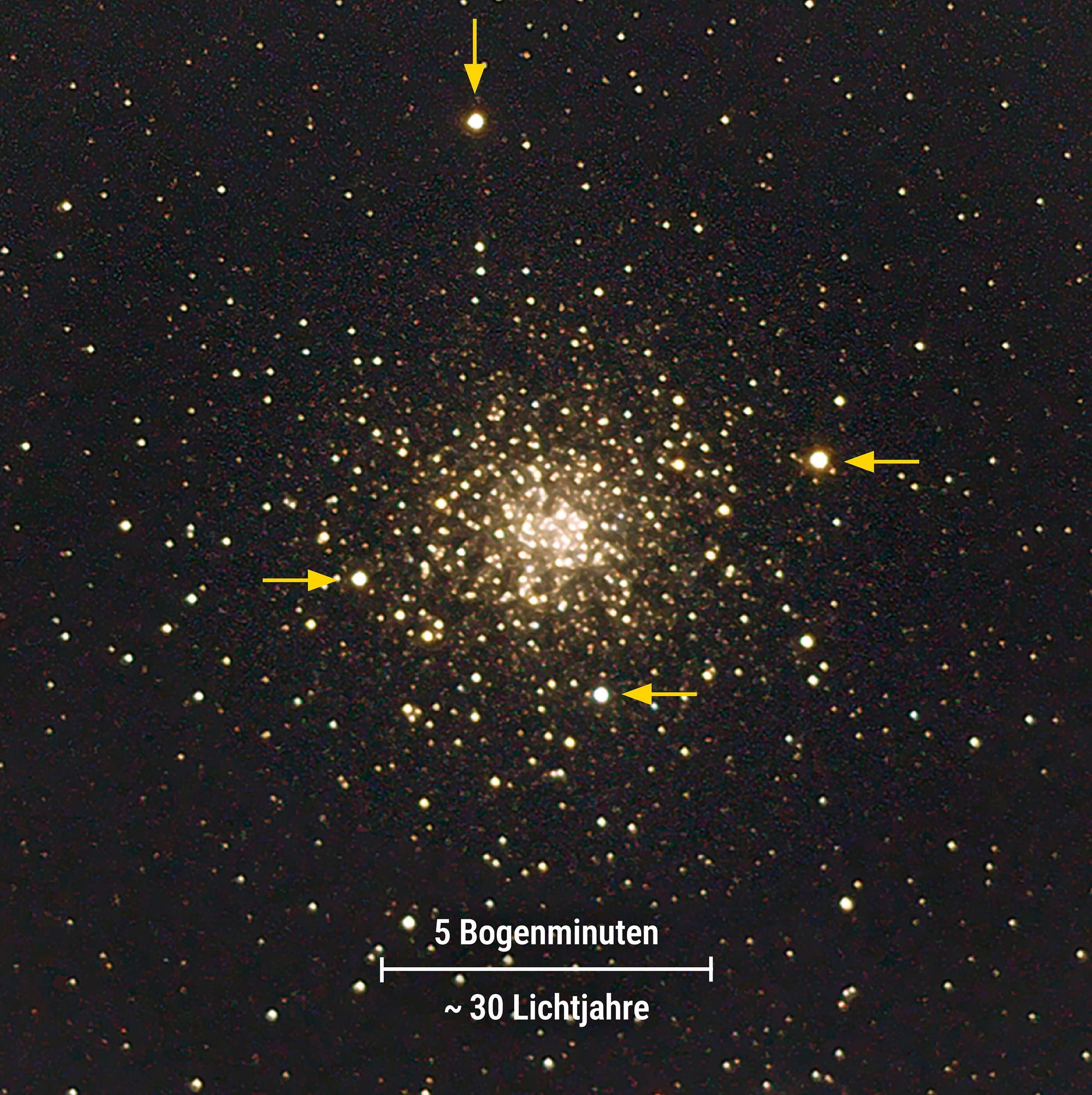 Foto des Kugelsternhaufens Messier 107. Die meisten Sterne konzentrieren sich in seiner Mitte, erscheinen allerdings nur locker gebunden. Zum Rand hin dünnt er schnell aus.