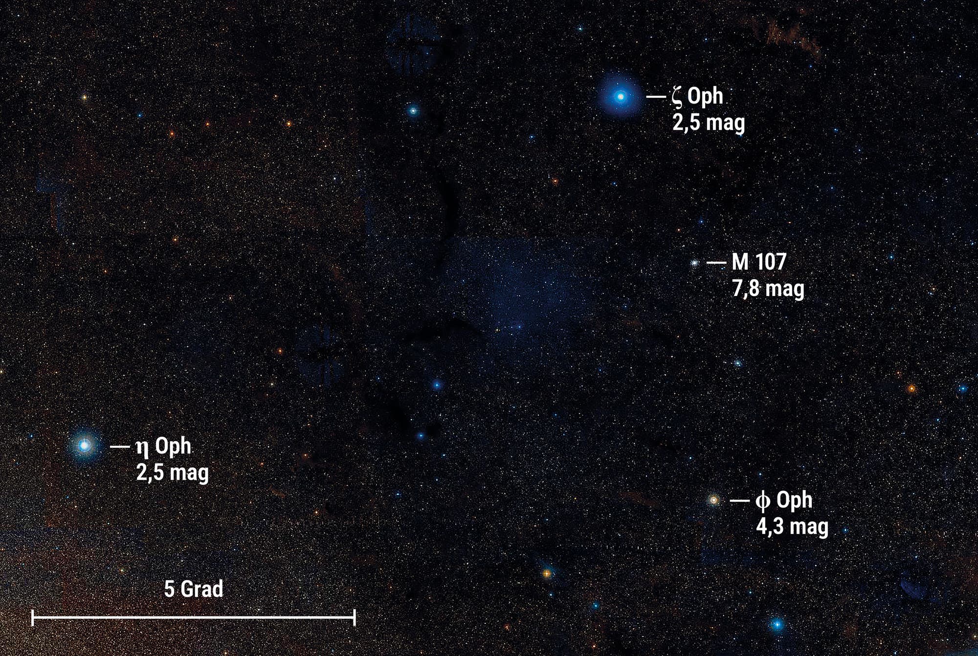 Ein Himmelsausschnitt des unteren Teils des Sternbilds Schlangenträger. Einige Sterne und der Kugelsternhaufen Messier 107 sind markiert.
