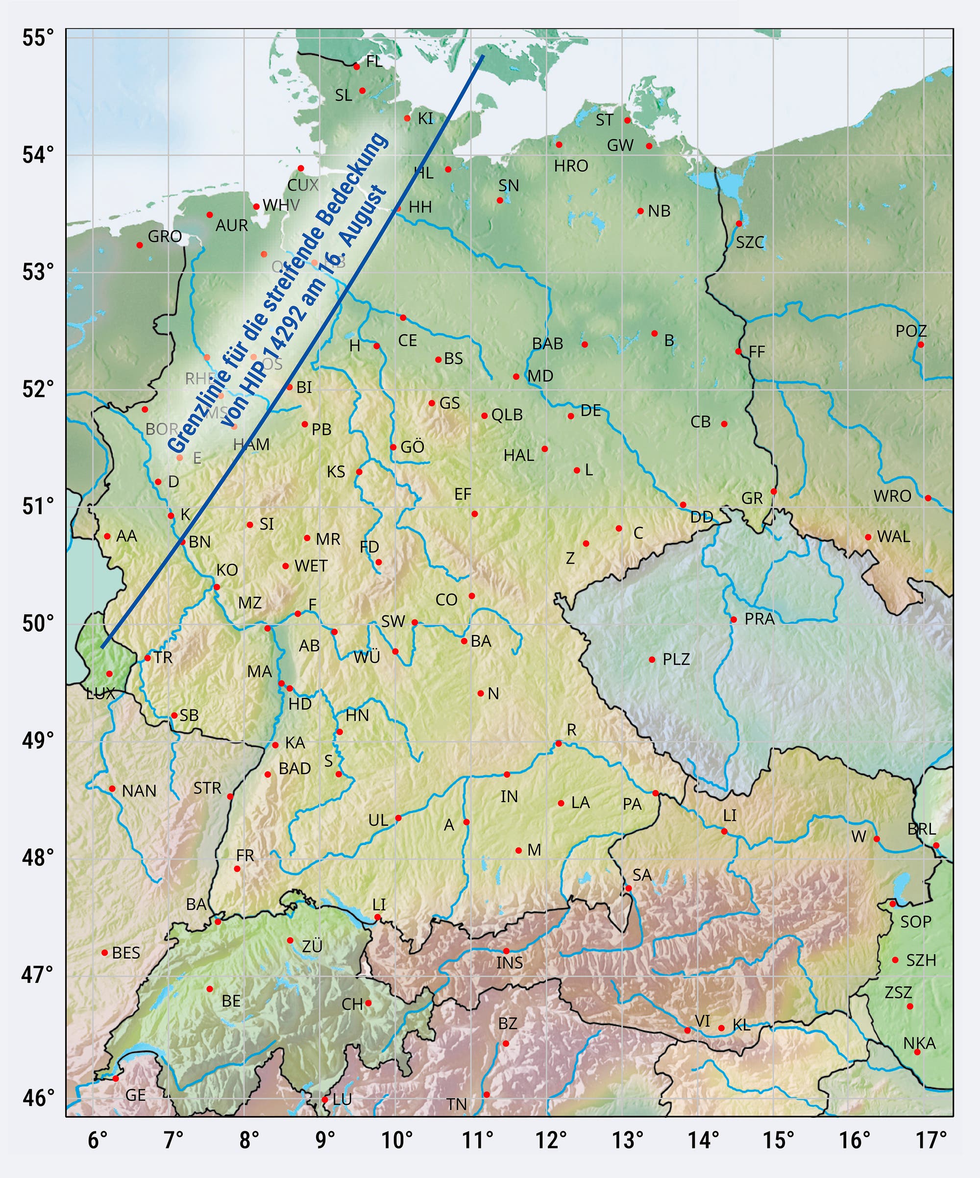 Deutschlandkarte mit einer Linie, auf welcher die Bedeckung des Sterns HIP 14292 streifend erfolgt.