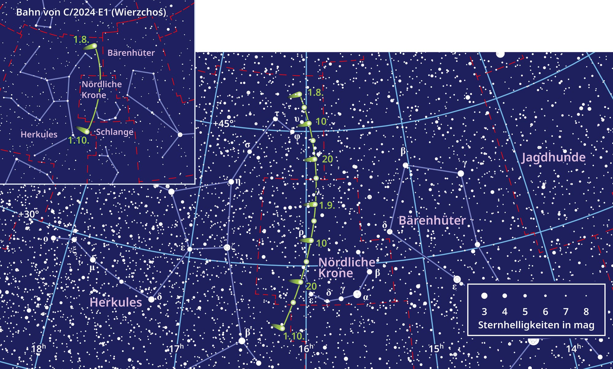 Der Komet C/2024 E1 (Wierzchoś) bewegt sich über den Himmel. Die Linie verbindet seine Aufenthaltsorte von Anfang August bis Mitte September.
