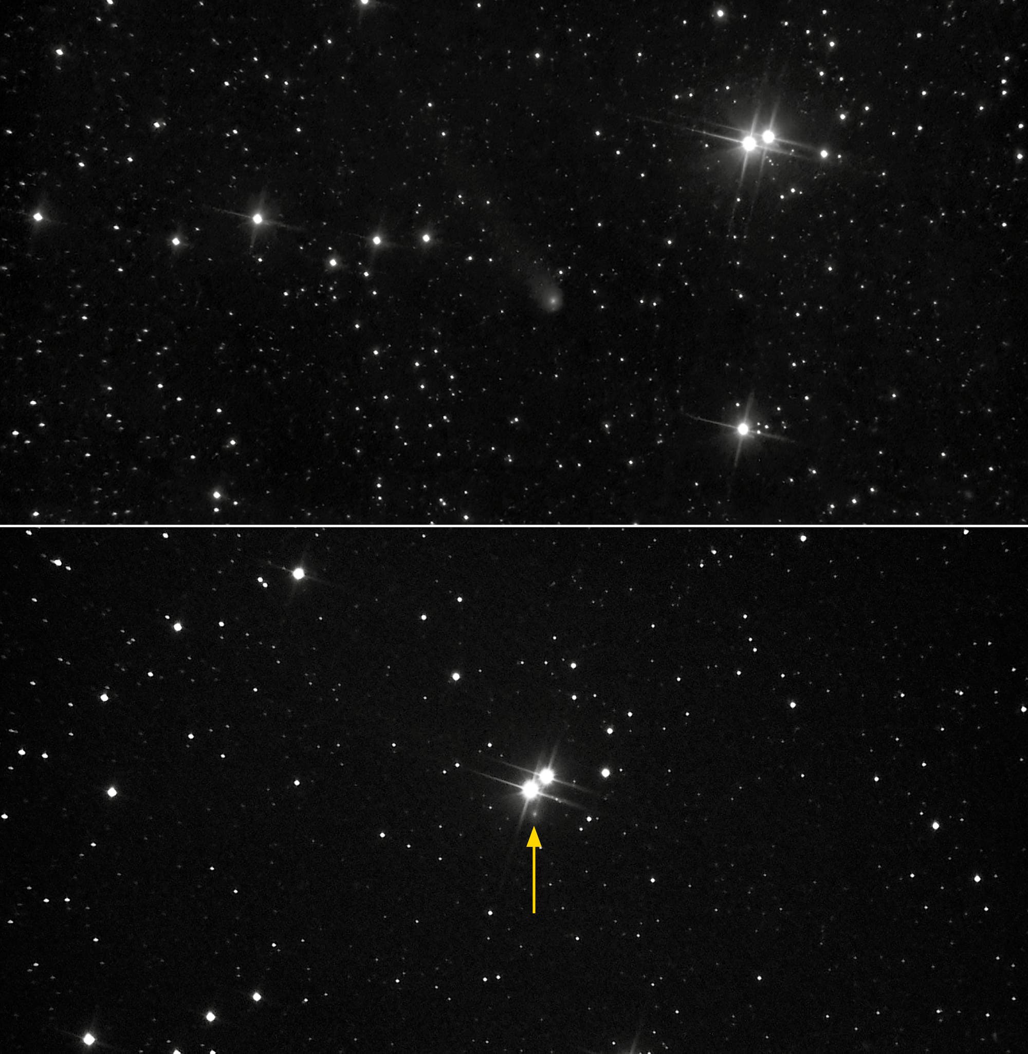 Die beiden Astro-Aufnahmen zeigen den Kometen C/2021 G2 (ATLAS) am 20. (oben) und 21. April 2025. Man erkennt einen Helligkeitsausbruch.