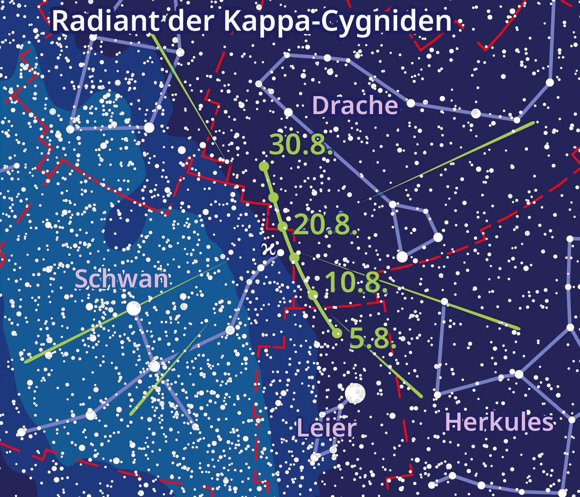 El mapa del cielo muestra cómo el punto de transmisión a lo largo de la línea Vaga a través de las constelaciones.