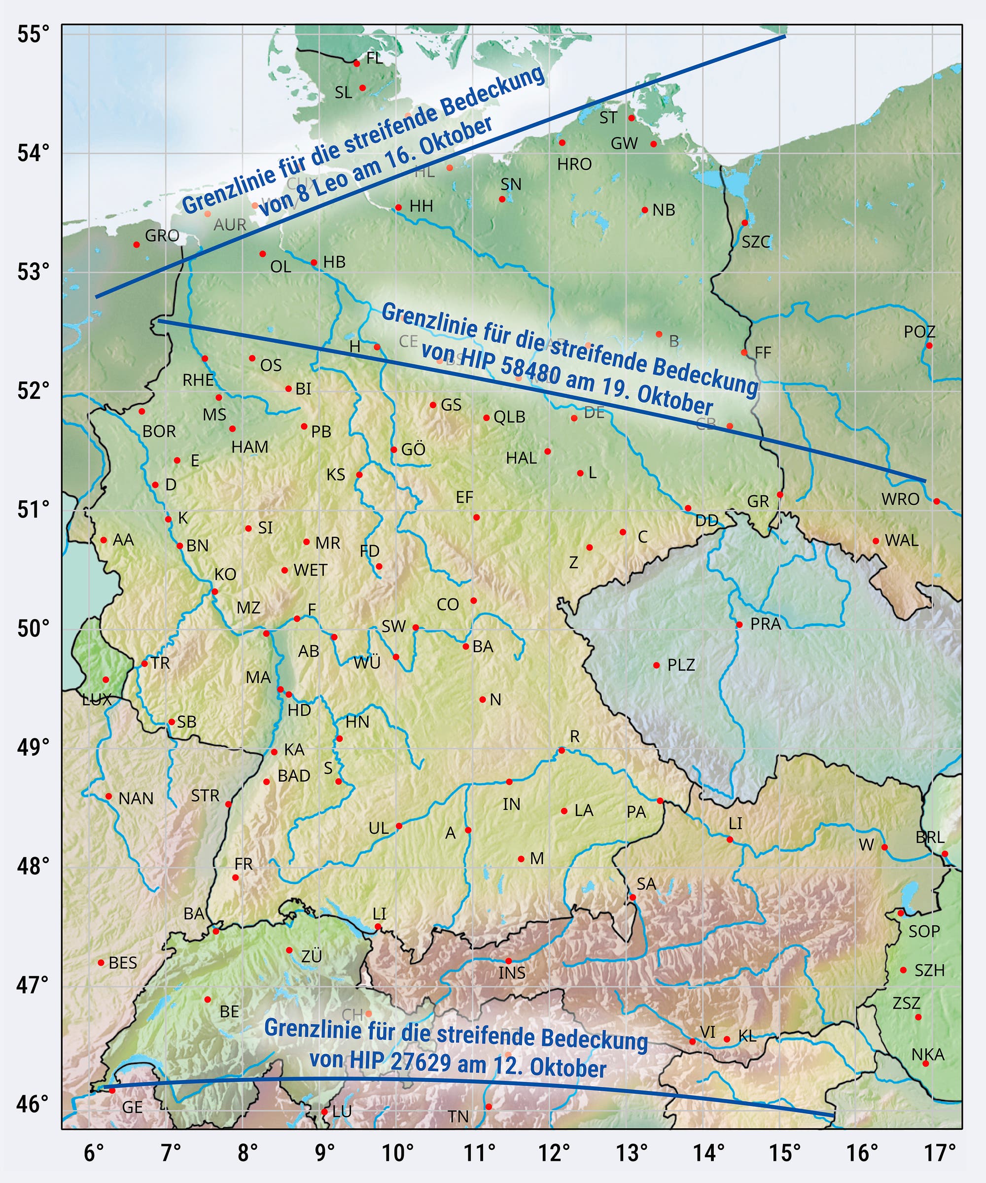 Un mapa geográfico de Alemania y las regiones vecinas superpuestas en una cuadrícula de líneas de longitud y latitud. El mapa muestra numerosos puntos rojos que representan varias ciudades o ubicaciones, marcadas por abreviaturas de una a tres letras. Algunas de las ciudades destacadas son Hamburgo (HH), Munich (M) y Berlín (B). El mapa también contiene líneas azules gruesas a lo largo de las cuales el ocultamiento de la luna tiene lugar de manera radiante, lo que significa que la estrella está cubierta en el borde del satélite terrenal. El papel también está rodeado por un marco negro y contiene texto en la parte inferior "IOTA/EG".