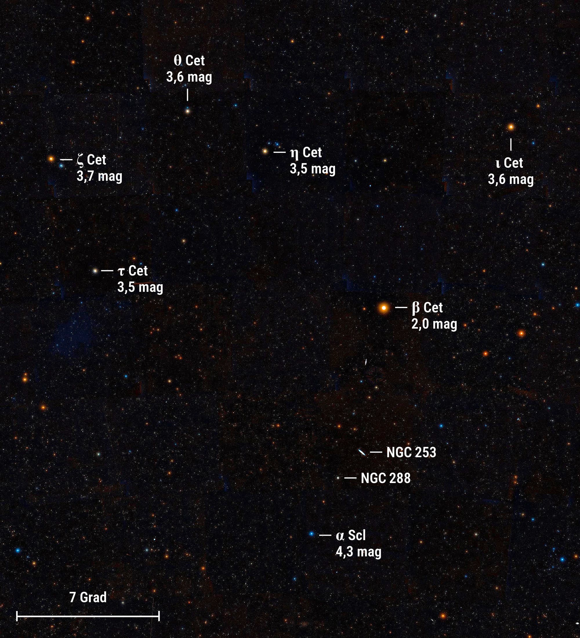 Un mapa estelar muestra varias estrellas y galaxias en la constelación de Cetáceos. Las estrellas están etiquetadas con sus nombres y brillos en magnitudes, incluidas θ Cet (3,6 mag), ζ Cet (3,7 mag), η Cet (3,5 mag), τ Cet (3,5 mag), β Cet (2,0 mag) y α Scl (4,3 mag). También están marcadas dos galaxias, NGC 253 y NGC 288. En la parte inferior del mapa se indica una escala de 7 grados. El fondo es un cielo nocturno oscuro con puntos de luz dispersos.