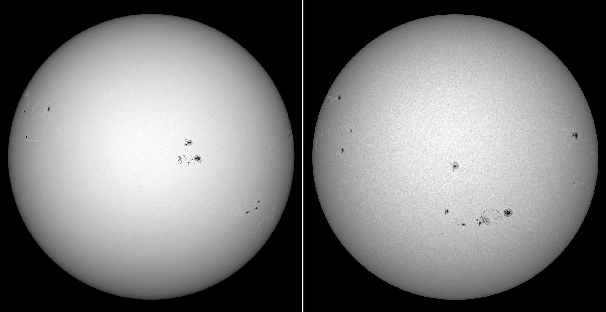 Dos imágenes en blanco y negro del sol que muestran protector solar. La imagen superior muestra varios puntos oscuros distribuidos de manera irregular en la superficie del sol. La imagen inferior muestra una distribución similar del protector solar, pero con una disposición y tamaño ligeramente cambiados. Ambas imágenes ilustran la actividad en la superficie del sol y sirven para observar y analizar las manchas solares.