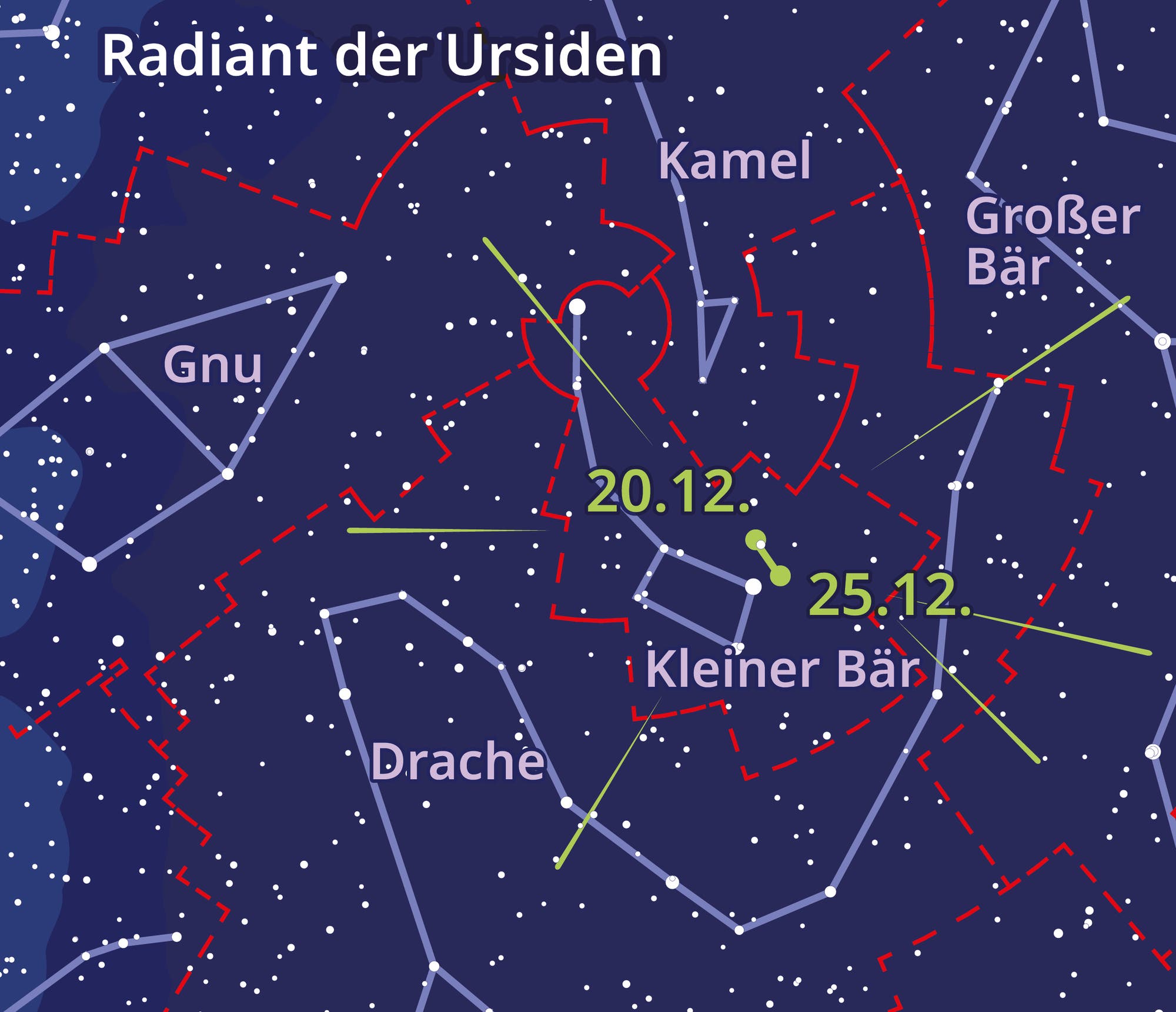 Die Himmelskarte zeigt, wie der Ausstrahlungspunkt des Meteorstroms durch das Sternbild wandert.