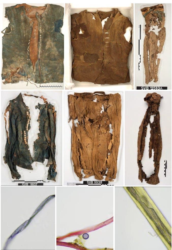 Eine Sammlung von antiken Textilien und Fasern. Die obere Reihe zeigt stark abgenutzte Kleidungsstücke, darunter Westen und Tuniken, die teilweise zerfallen sind. Jedes Kleidungsstück ist mit einer Identifikationsnummer versehen, wie "SVB 1268A" und "SVB 9938". Die untere Reihe zeigt Nahaufnahmen von Textilfasern unter dem Mikroskop, die in verschiedenen Farben und Strukturen erscheinen. Diese Bilder könnten auf eine archäologische oder historische Untersuchung von Textilien hinweisen.