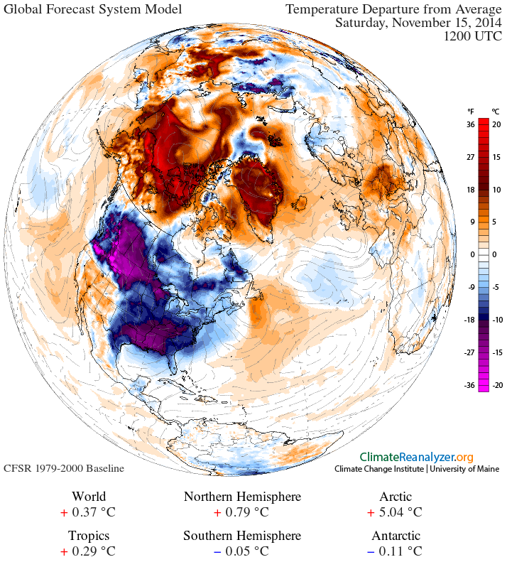 Temperaturabweichungen vom Mittelwert am Samstag, 15.11.2014