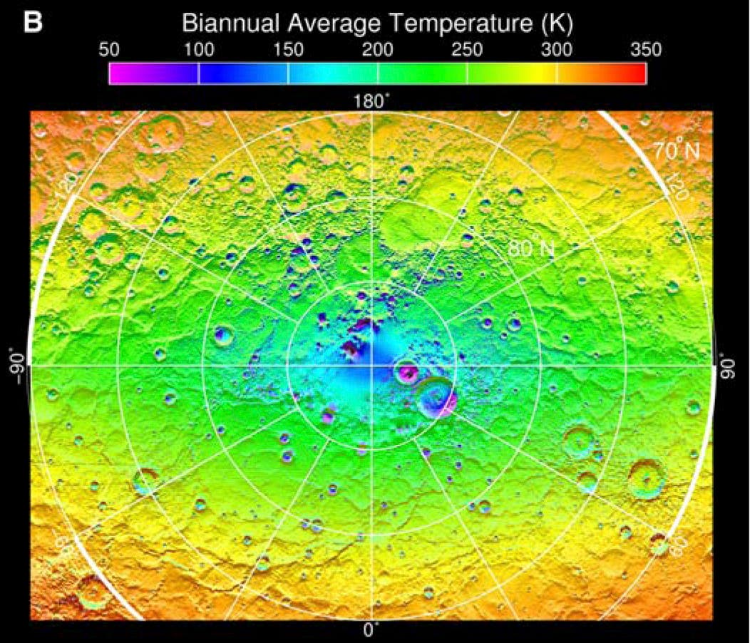 Temperaturkarte der Durchschnittstemperaturen im Norden von Merkur