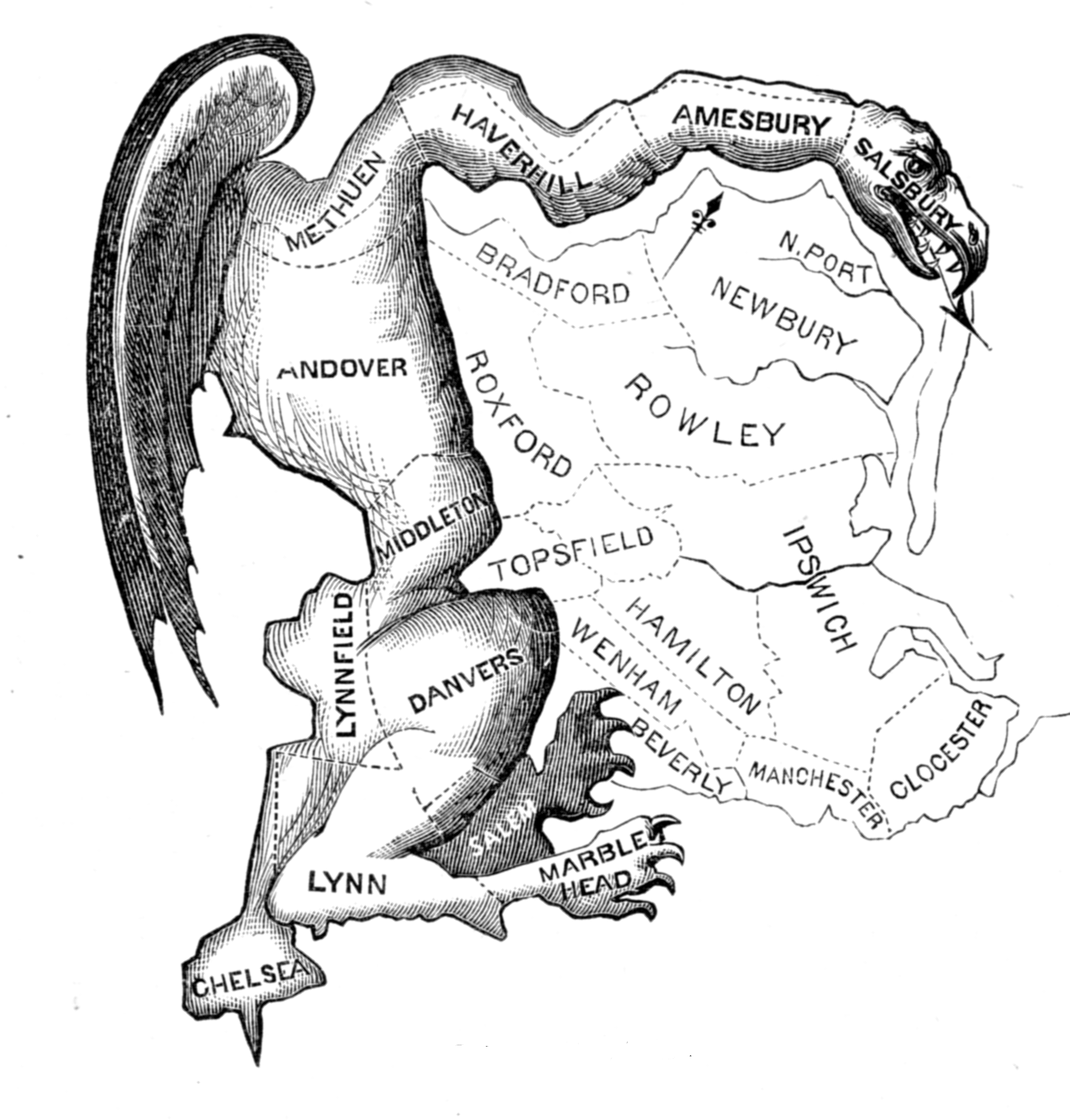 Karte von Massachusetts mit eingezeichneten Wahlbezirken, von denen einer wie ein Salamander aussieht