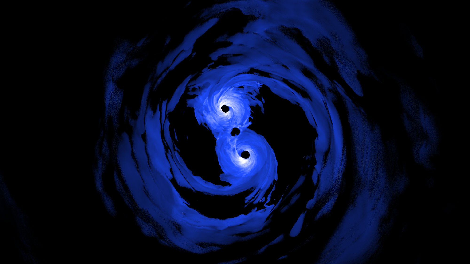 Simulation von zwei sich immer enger umkreisenden Schwarzen Löchern.