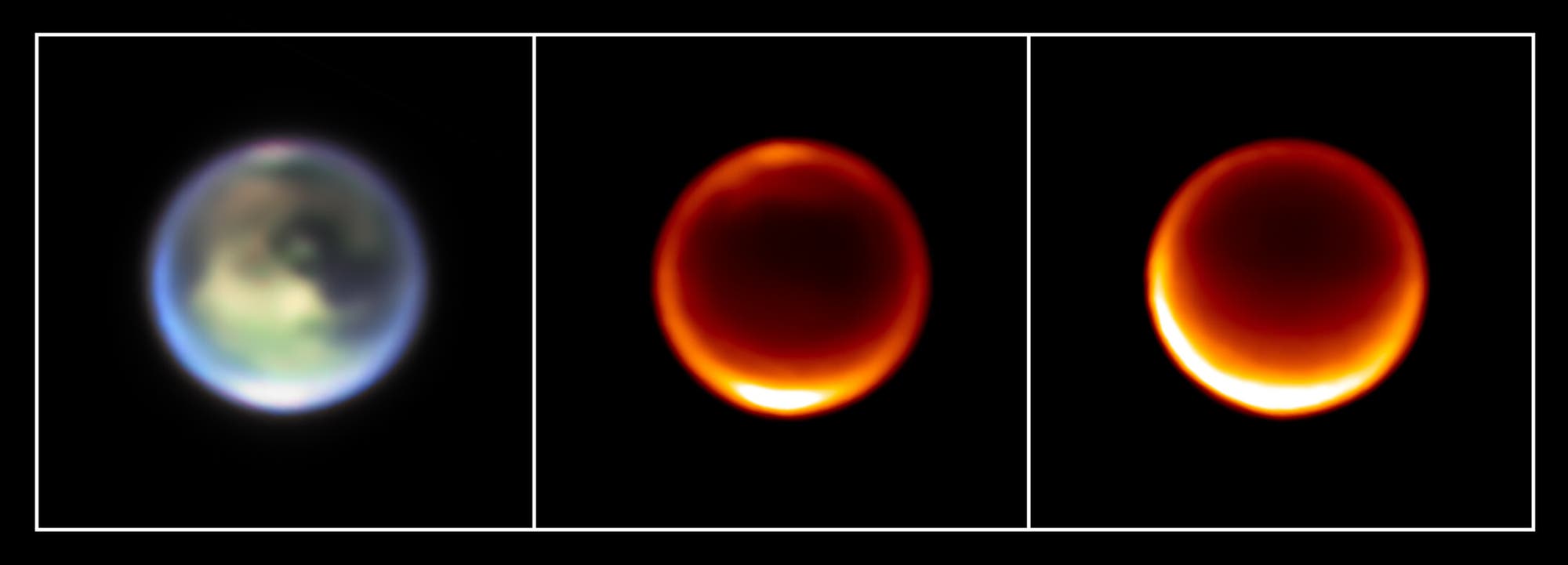 Drei nebeneinander angeordnete Bilder von Titan, einem Mond des Saturn, aufgenommen in verschiedenen Infrarotwellenl&auml;ngen. Das linke Bild zeigt Titan in einem verschwommenen, bl&auml;ulichen Licht, das die Oberfl&auml;che hervorhebt. Die mittleren und rechten Bilder zeigen Titan in r&ouml;tlichen T&ouml;nen, welche die W&auml;rmeverteilung und Wolkenmerkmale betonen.