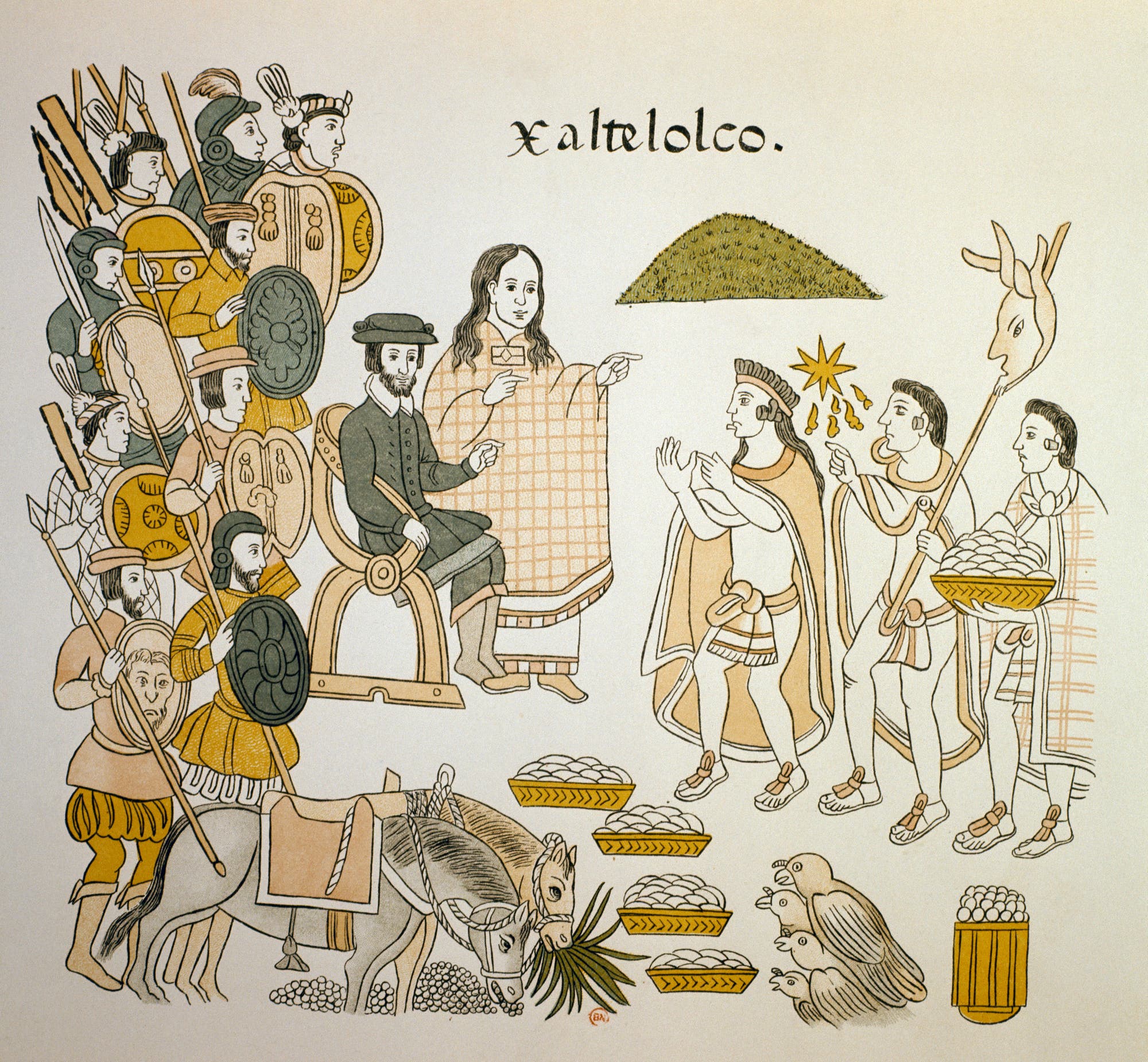 Cortés trifft Moctezuma, Malinche muss übersetzen