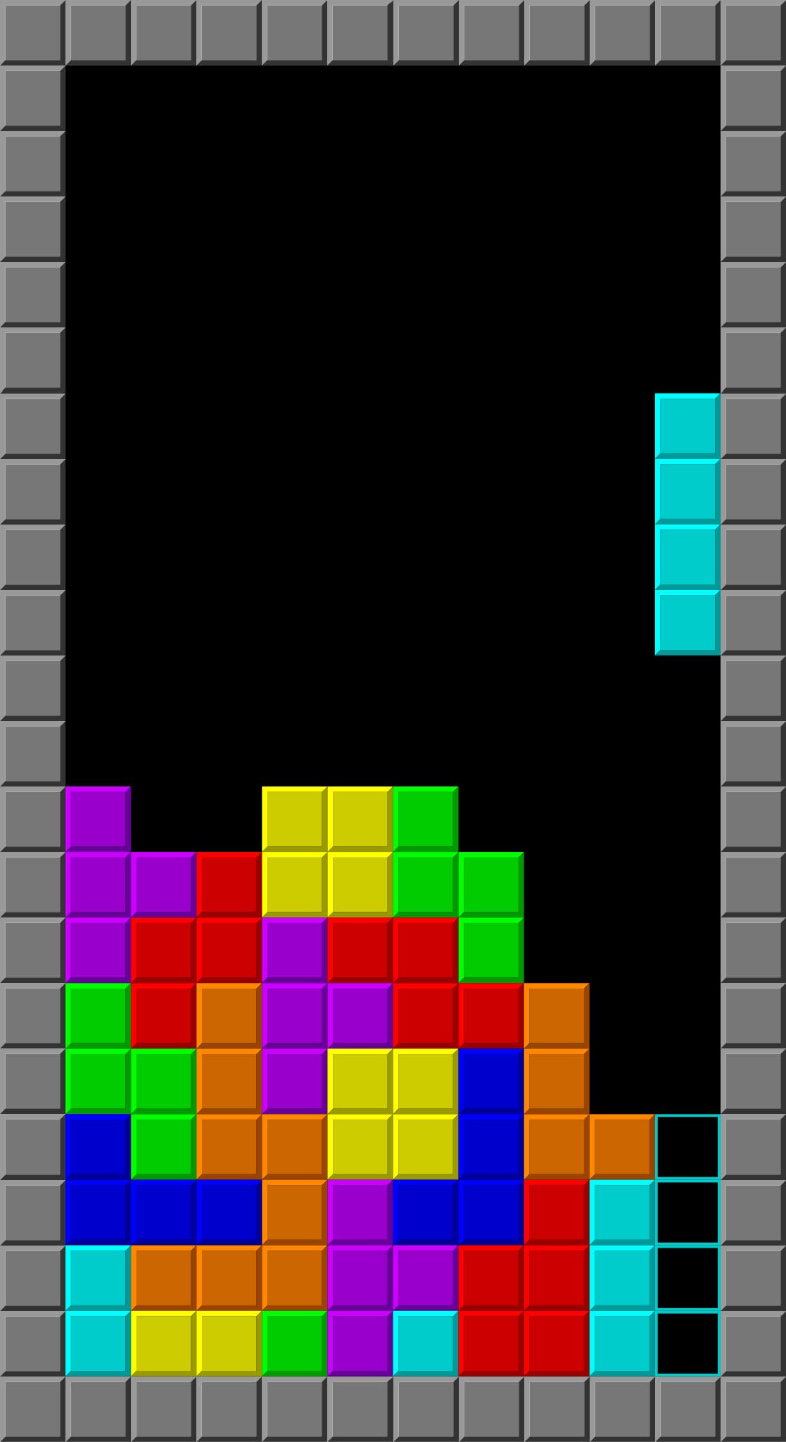 Ein Tetris-Spielbildschirm zeigt ein fast volles Spielfeld mit bunten Blöcken in verschiedenen Formen und Farben, darunter Lila, Rot, Grün, Blau, Gelb und Orange. Ein cyanfarbener, langer Block schwebt rechts oben und ist bereit, in eine Lücke zu fallen, um eine Reihe zu vervollständigen. Die grauen Ränder umrahmen das Spielfeld.