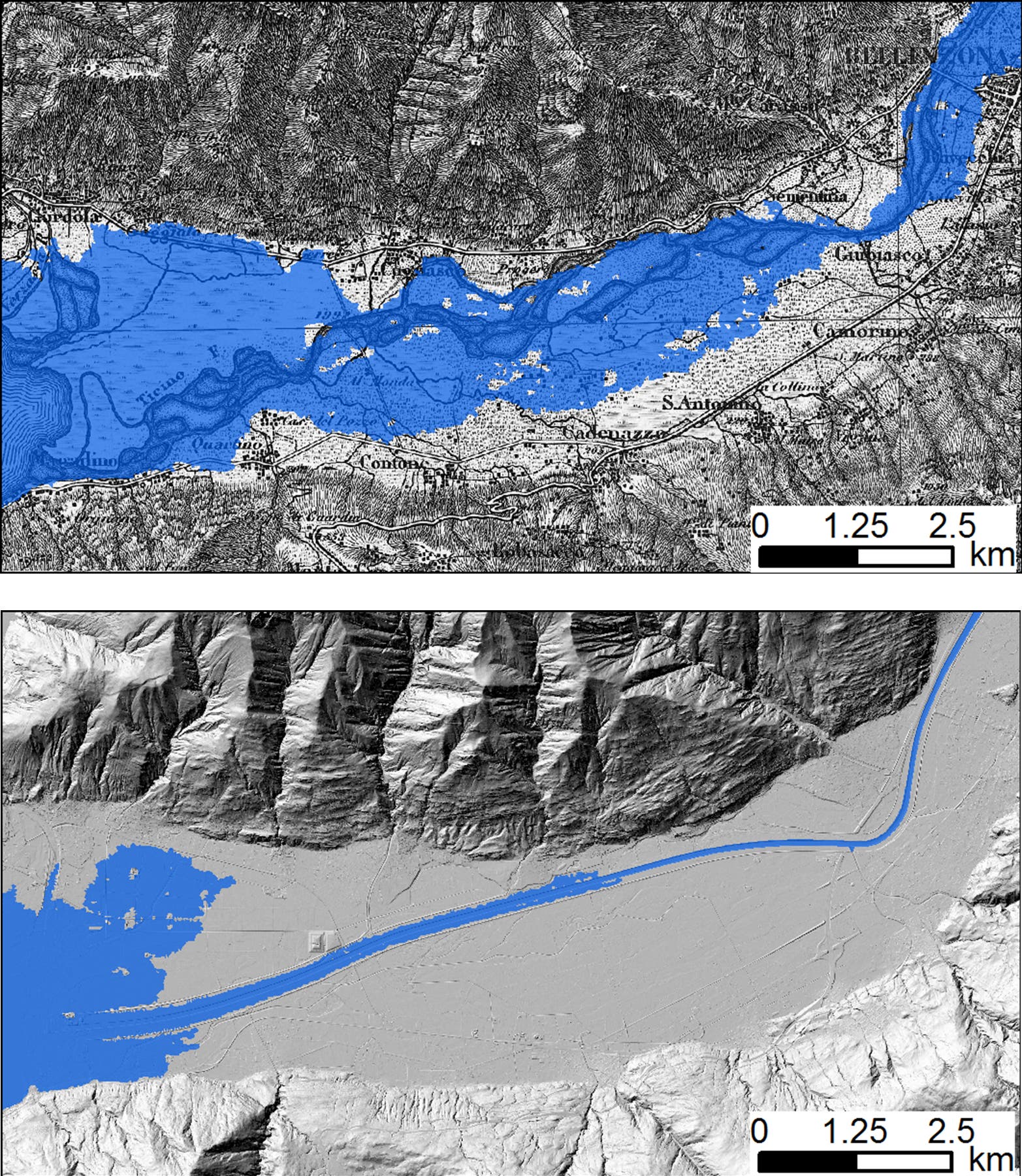 Zwei Kartenansichten eines Flussverlaufs in einer Gebirgsregion. Die obere Karte zeigt eine historische Darstellung mit topografischen Details und Ortsnamen wie "S. Antonio" und "Conflon". Der Flussverlauf ist in Blau hervorgehoben. Die untere Karte bietet eine moderne, dreidimensionale Ansicht der gleichen Region, ebenfalls mit dem Fluss in Blau markiert. Beide Karten enthalten einen Maßstab von 0 bis 2,5 km. Die Karten verdeutlichen Veränderungen im Flussverlauf und der Umgebung über die Zeit.