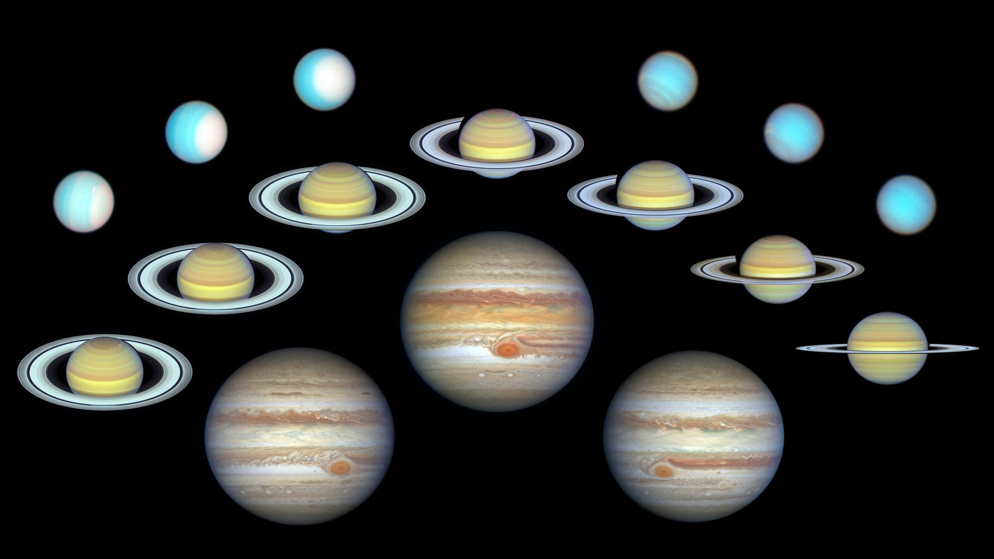 Porträts der vier Gaswelten des Sonnensystems, Jupiter, Saturn, Uranus und Neptun Porträts der vier Gaswelten des Sonnensystems, Jupiter, Saturn, Uranus und Neptun