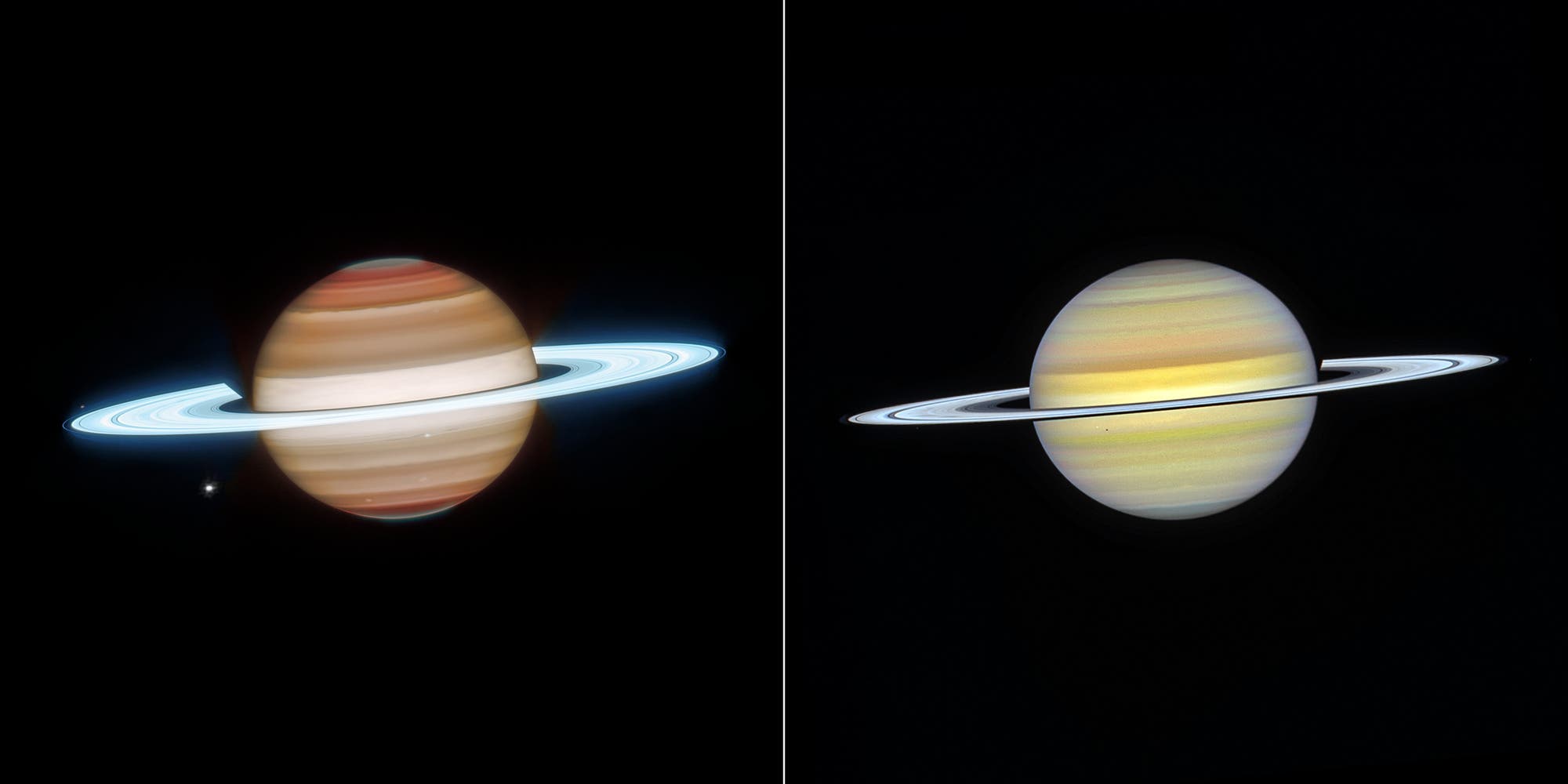Zwei nebeneinander liegende Bilder des Planeten Saturn, aufgenommen durch ein Teleskop. Links zeigt Saturn lebhafte, r&ouml;tlich-braune Wolkenb&auml;nder und leuchtende Ringe, w&auml;hrend rechts die Farben blasser und gelblicher erscheinen. Beide Bilder heben die charakteristischen Ringe des Planeten hervor, die sich vor einem dunklen Hintergrund abheben.