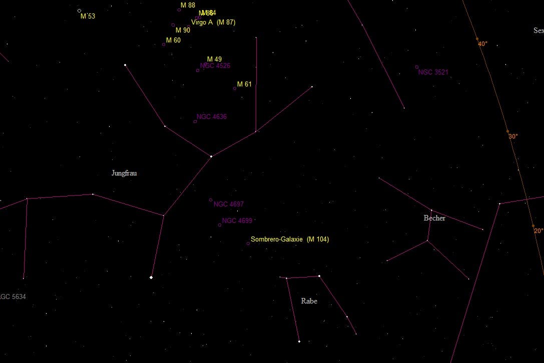 Aufsuchkarte der Galaxien rund um das Sternbild Jungfrau (Virgo)