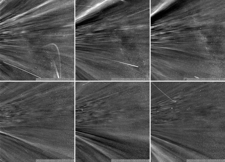 Diese Aufnahmen der Parker Solar Probe sind entstanden, als die Sonnensonde durch die Korona der Sonne geflogen ist: Da befand sich die Sonde auf ihrem neunten Umlauf um unser Zentralgestirn. 