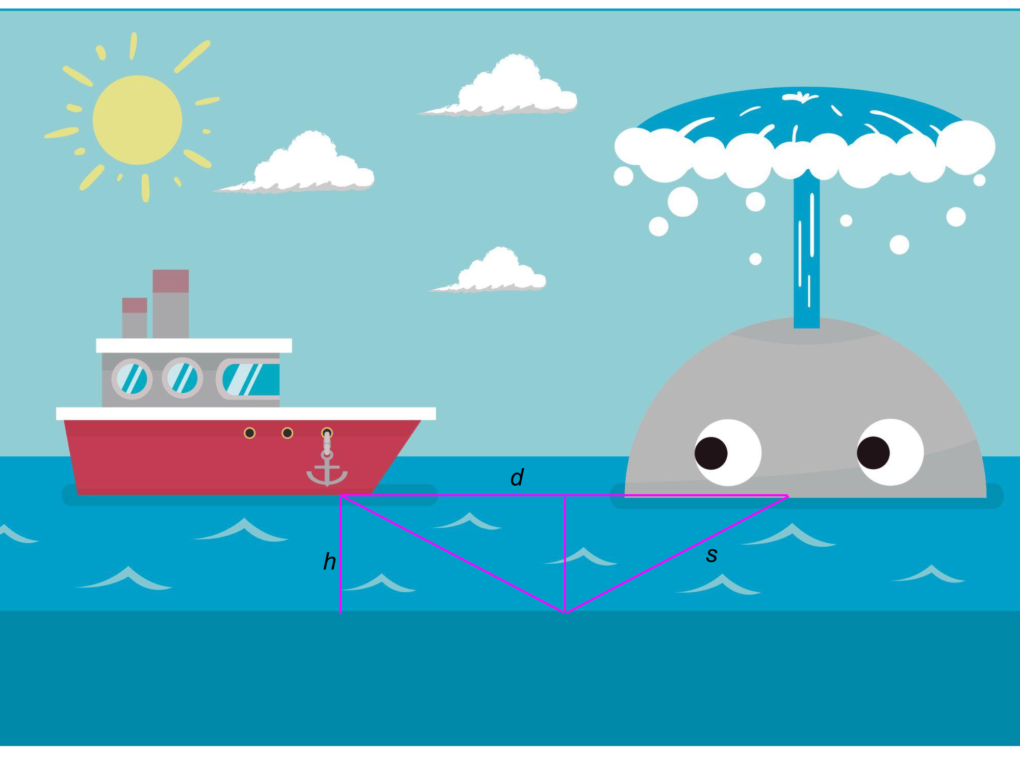 Ein Wal im Wasser und ein Schiff daneben. Geometrische Zeichnung