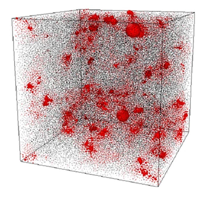 Simulationen, die erstmals die Defekte auf molekularer Ebene identifizieren konnten (rot in der Abbildung)