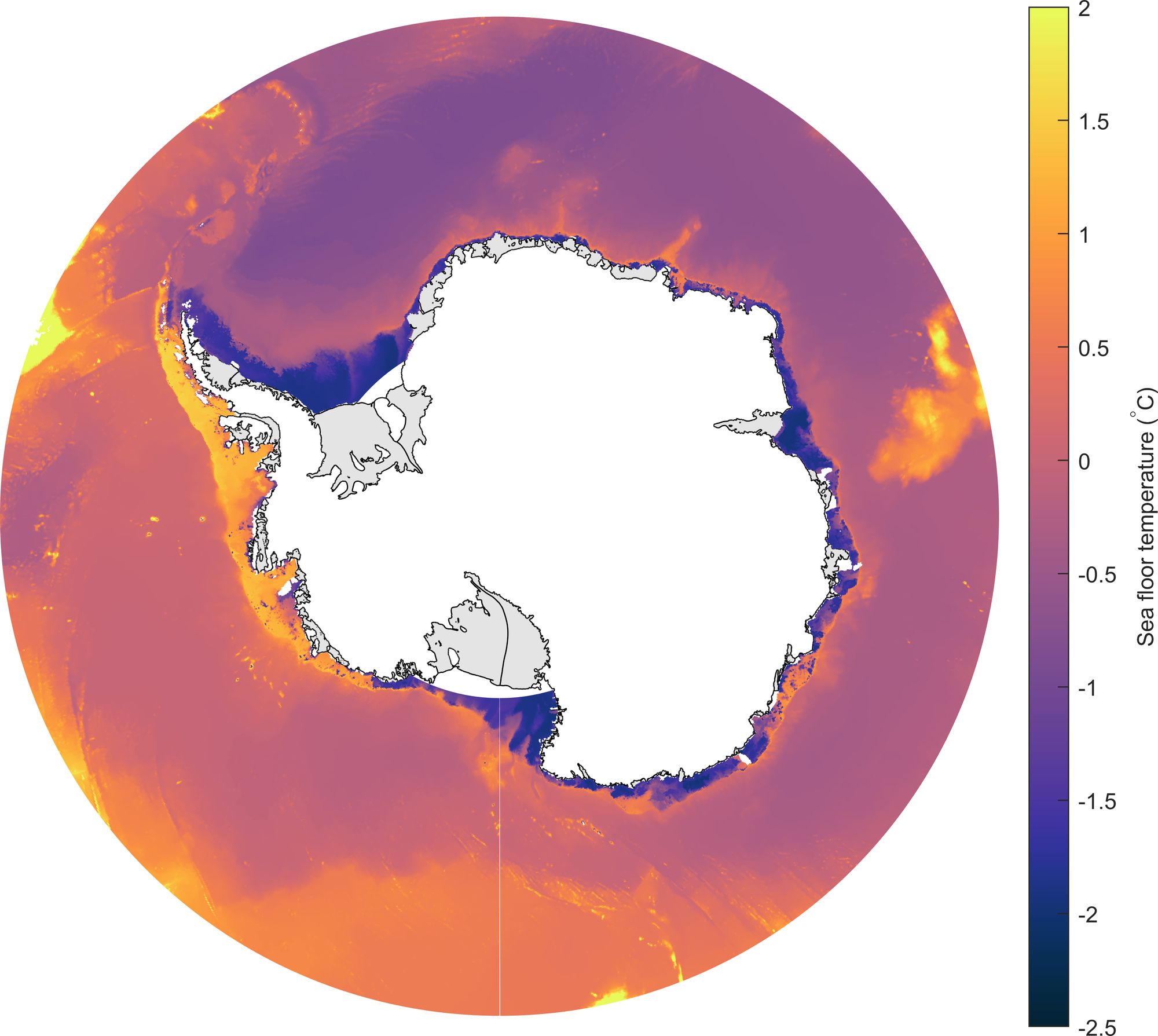 A graphic showing in different colors how warm or cold the waters are around Antarctica.  Yellow is areas with a temperature of +2°C, while dark blue is water with a temperature of -1.5°C.