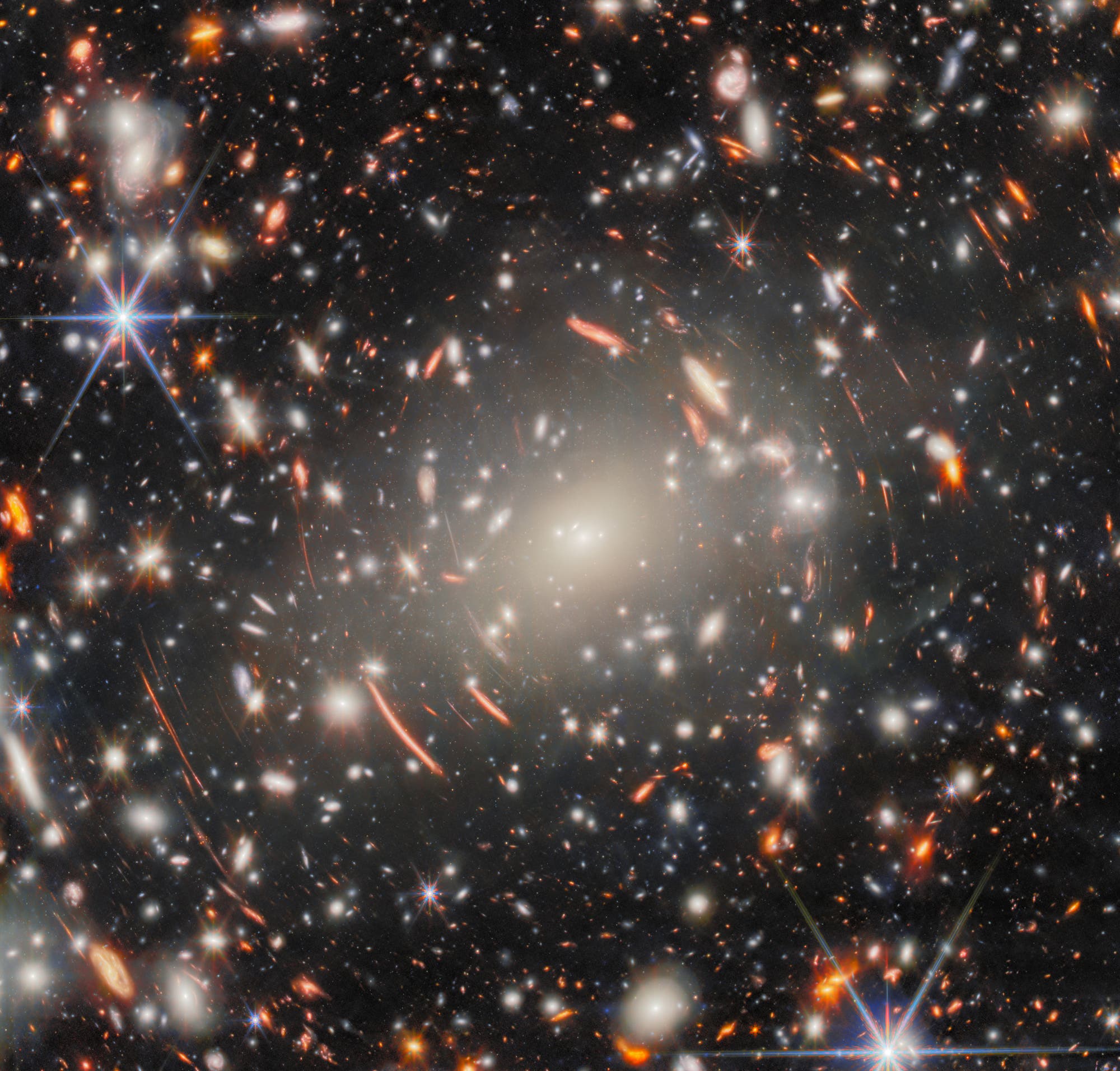 Ein beeindruckendes Bild des Weltraums, das eine Vielzahl von Galaxien zeigt, die in verschiedenen Farben leuchten, darunter helle Weiß- und Orangetöne. Im Zentrum des Bildes befindet sich eine große, helle Galaxie, umgeben von vielen kleineren, die einen tiefen, dunklen Hintergrund ausfüllen. Einige Sterne erscheinen als helle Lichtpunkte mit strahlenden Lichtspitzen. Dieses Bild vermittelt die Weite und Schönheit des Universums. Ein beeindruckendes Bild des Weltraums, das eine Vielzahl von Galaxien zeigt, die in verschiedenen Farben leuchten, darunter helle Weiß- und Orangetöne. Im Zentrum des Bildes befindet sich eine große, helle Galaxie, umgeben von vielen kleineren, die einen tiefen, dunklen Hintergrund ausfüllen. Einige Sterne erscheinen als helle Lichtpunkte mit strahlenden Lichtspitzen. Dieses Bild vermittelt die Weite und Schönheit des Universums.