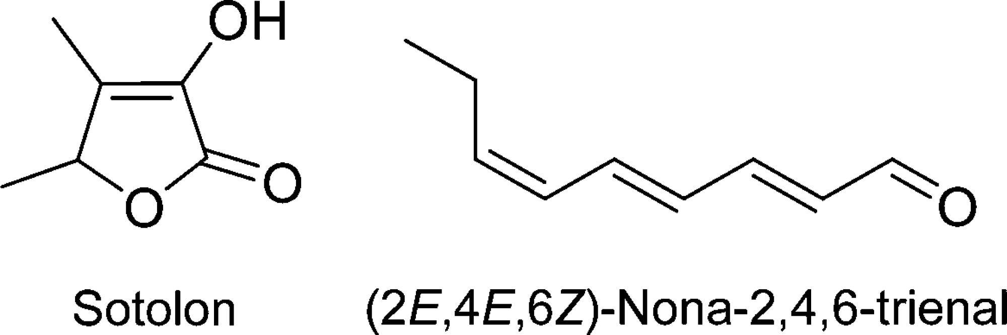 Structuurformules van sotolon en (2E,4E,6Z)-Nona-2,4,6-trienal