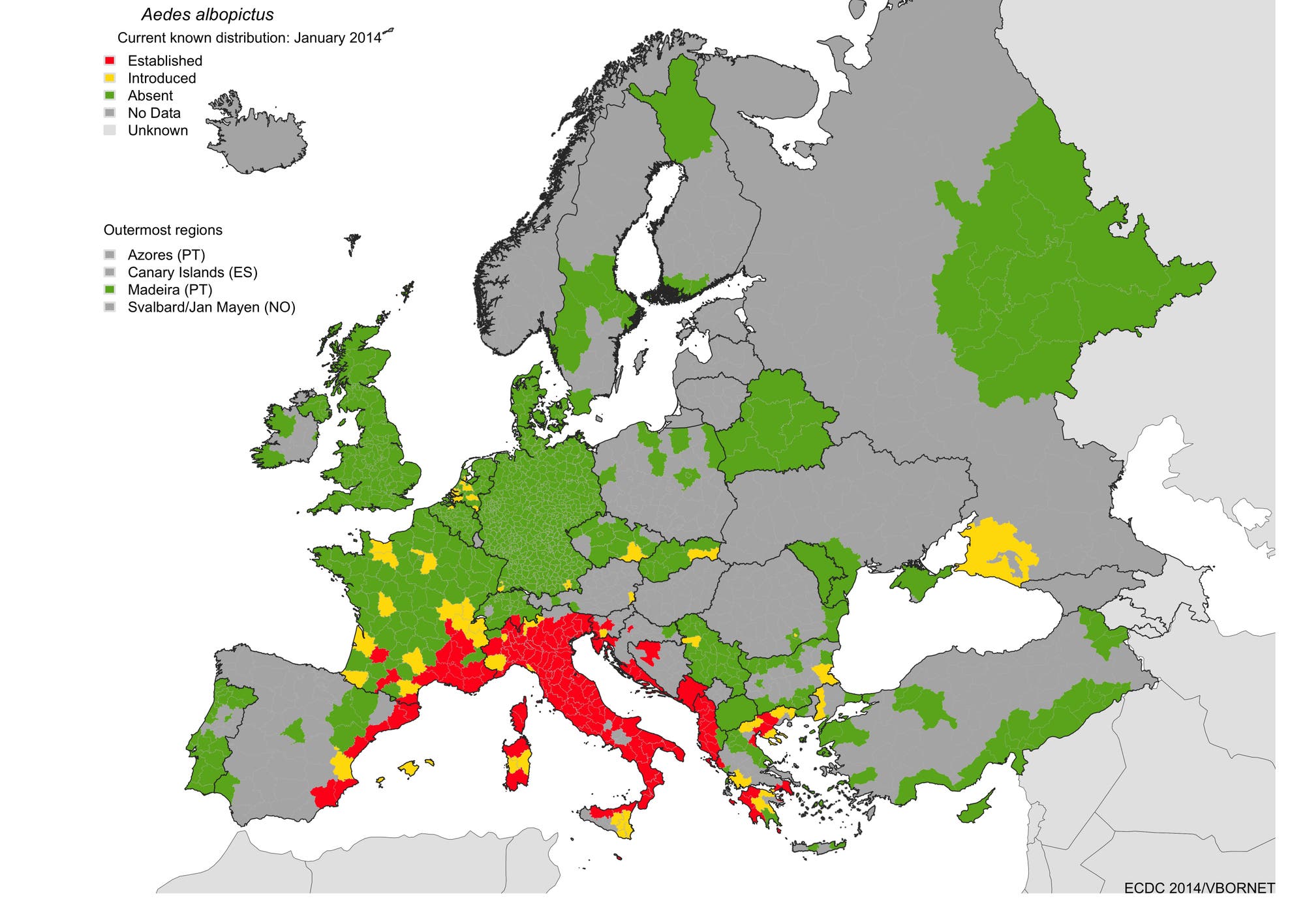 Verbreitung von <em>Aedes albopictus</em> in Europa