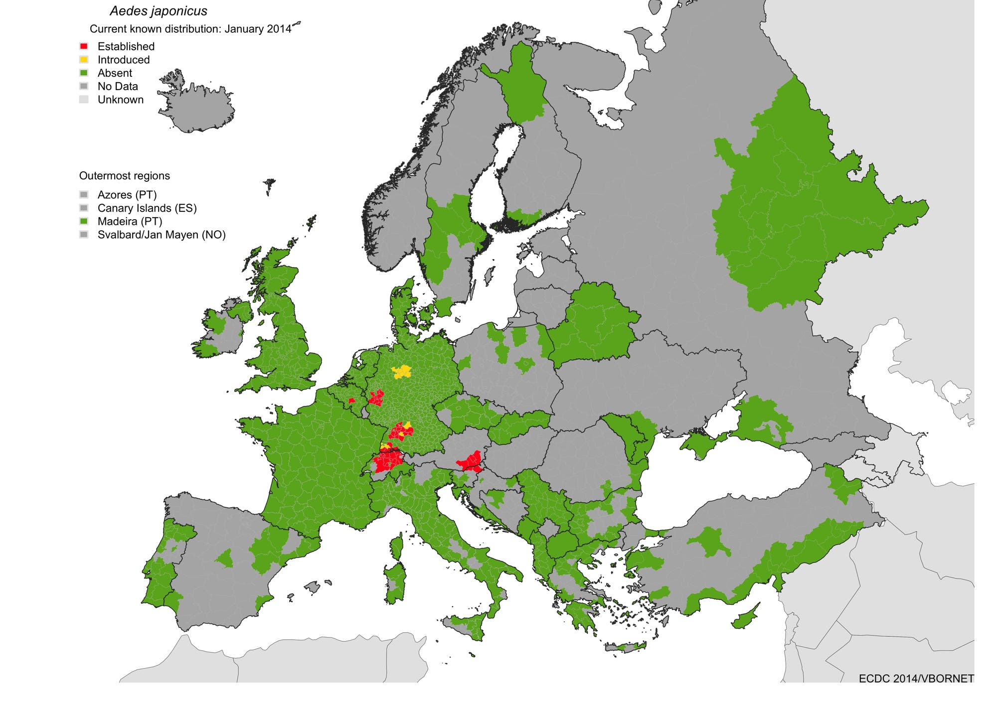 Verbreitung von <em>Aedes japonicus</em> in Europa