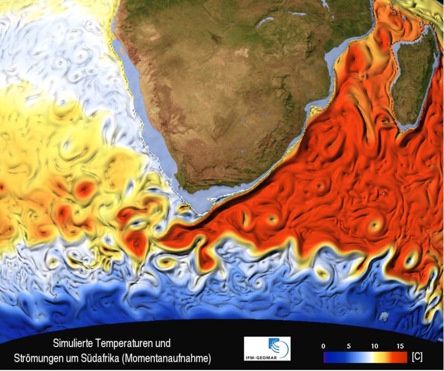 Wassertemperaturen und Strömungen um Südafrika (Momentanaufnahme in 400 m Tiefe) 