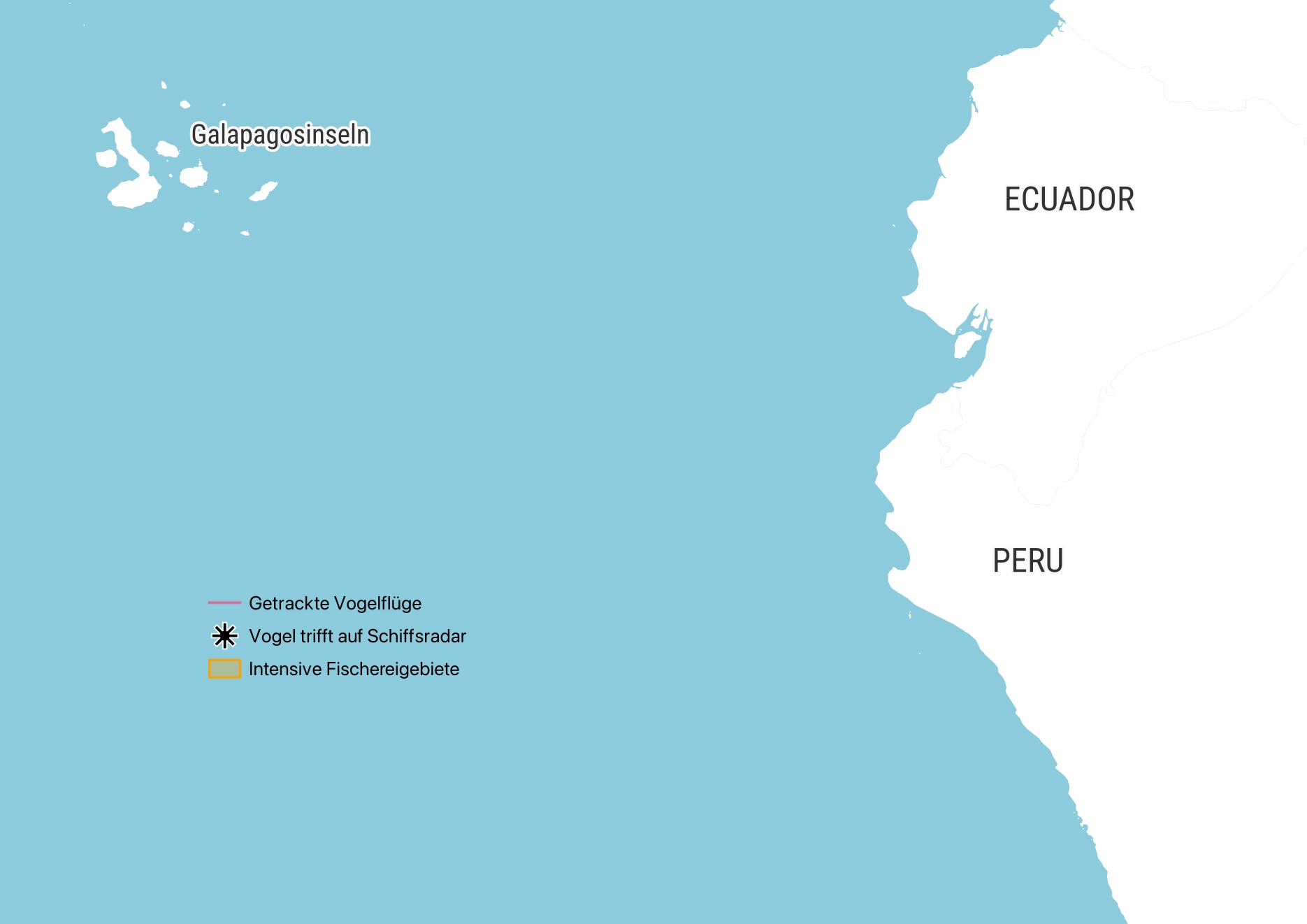 Karte der westlichen Küste Südamerikas mit den Galapagosinseln im Pazifik. Die Karte zeigt Ecuador und Peru. Eine Legende erklärt Symbole: rosa Linien für getrackte Vogelflüge, ein Stern für Vogelkontakte mit Schiffsradar und orange Flächen für intensive Fischereigebiete. Die Karte hebt die geografische Lage und die Bewegungen von Vögeln in Bezug auf menschliche Aktivitäten hervor.