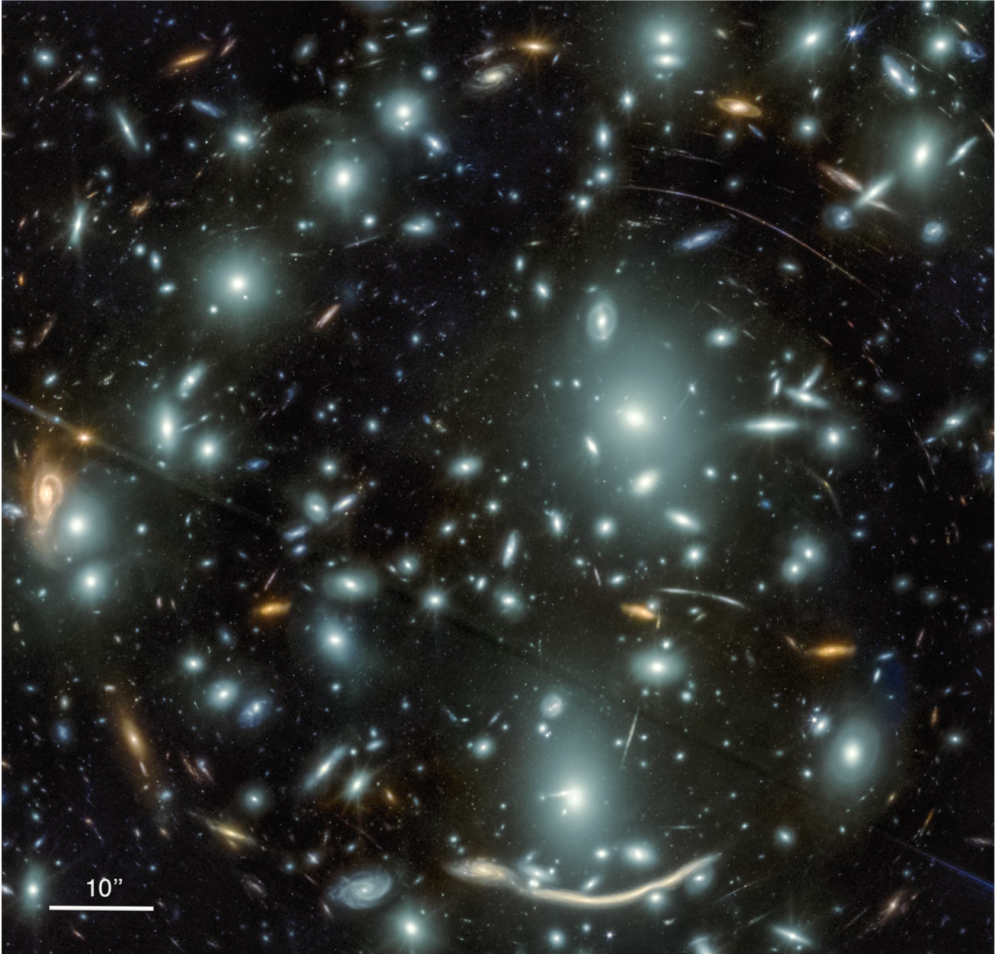 Ein astronomisches Bild zeigt eine Vielzahl von Galaxien in unterschiedlichen Formen und Farben, die &uuml;ber das gesamte Bild verteilt sind. Einige Galaxien erscheinen als helle, diffuse Lichtflecken, w&auml;hrend andere spiralf&ouml;rmige Strukturen aufweisen. Im Hintergrund sind zahlreiche kleinere Lichtpunkte sichtbar, die entfernte Sterne oder Galaxien darstellen. Die Bildunterschrift zeigt eine Skala von 10 Bogensekunden, die die Gr&ouml;&szlig;enverh&auml;ltnisse im Bild verdeutlicht. Das Bild veranschaulicht die Vielfalt und Weite des Universums.