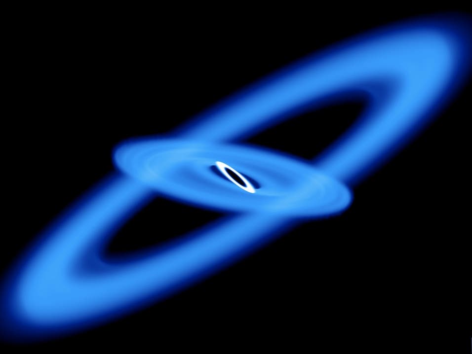 Zwei Gasscheiben umkreisen ein Schwarzes Loch (Computersimulation)