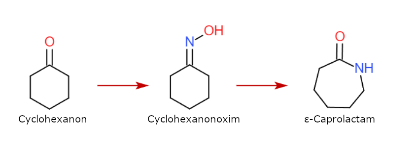 Links Cyclohexanon, rechts ε-Caprolactam.