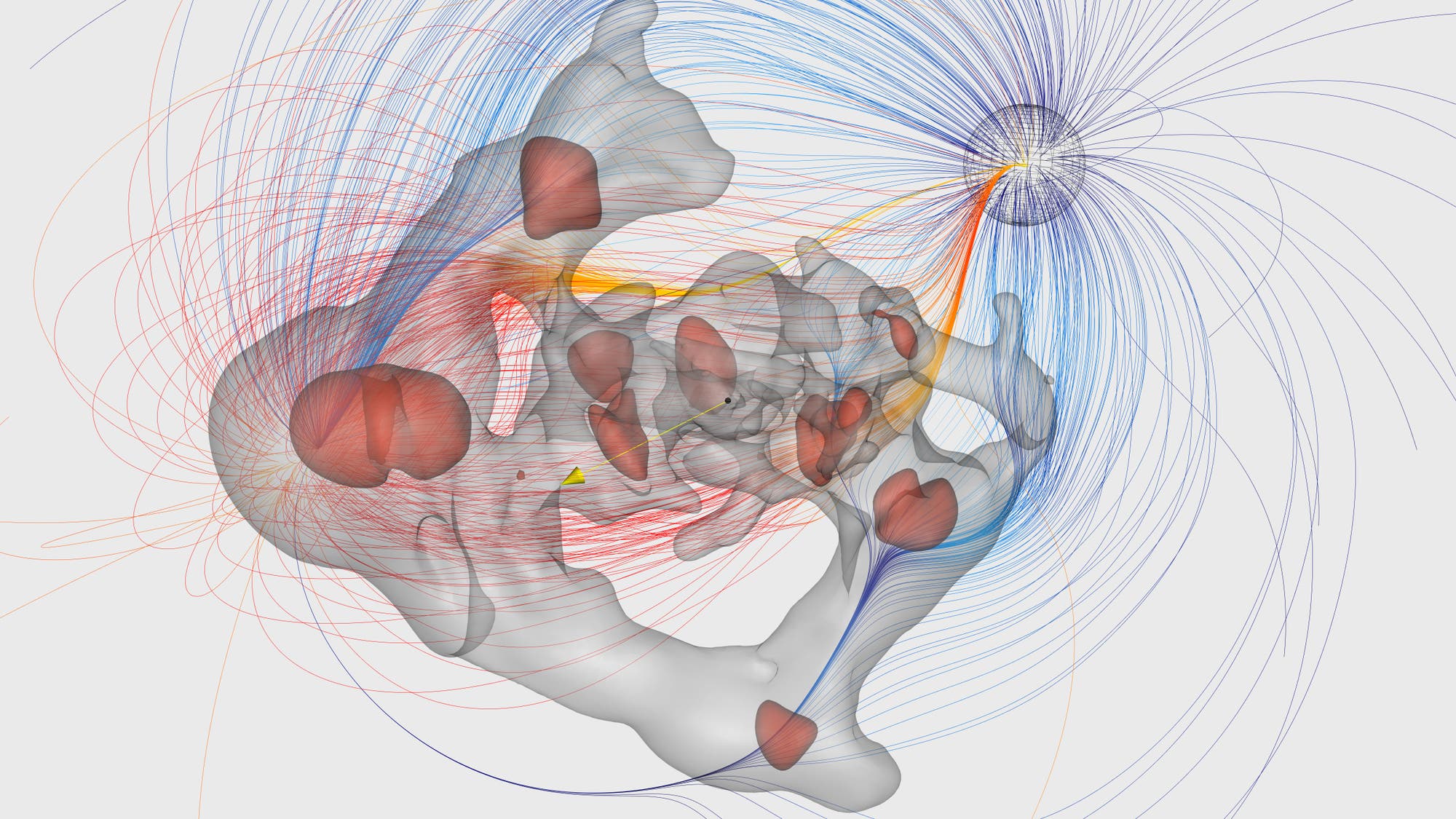 Schematische Darstellung des kosmischen Dipols samt Galaxienkonzentrationen und Strömungsrichtungen