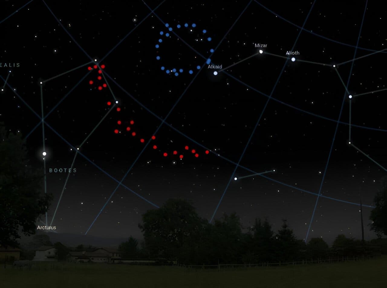 Ein Ring mit blauen Punkten und ein Bogen aus roten Punkten vor einem simulierten Sternenhintergrund. 