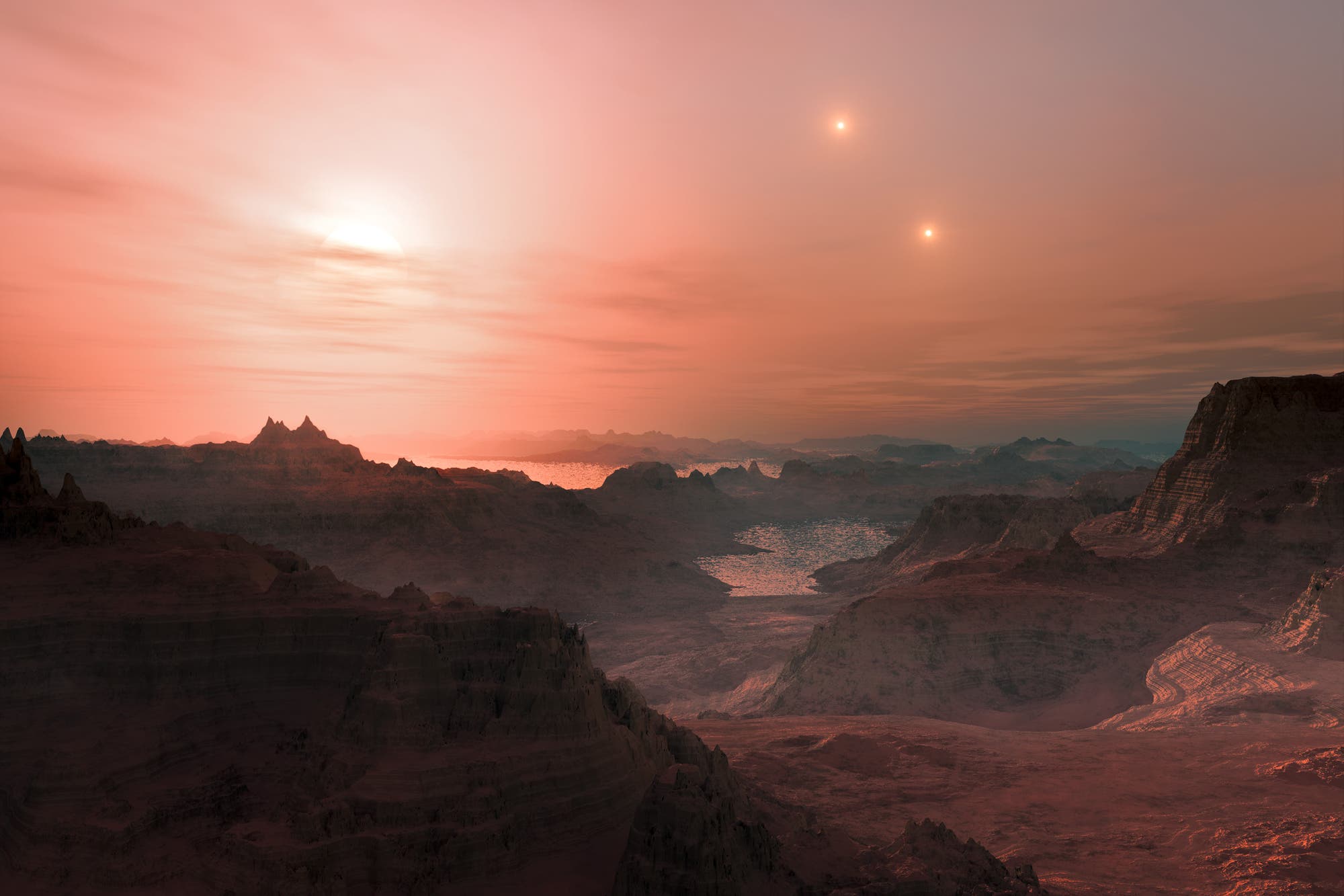 Künstlerische Darstellung eines Sonnenunterganges auf dem Exoplaneten Gliese 667Cc