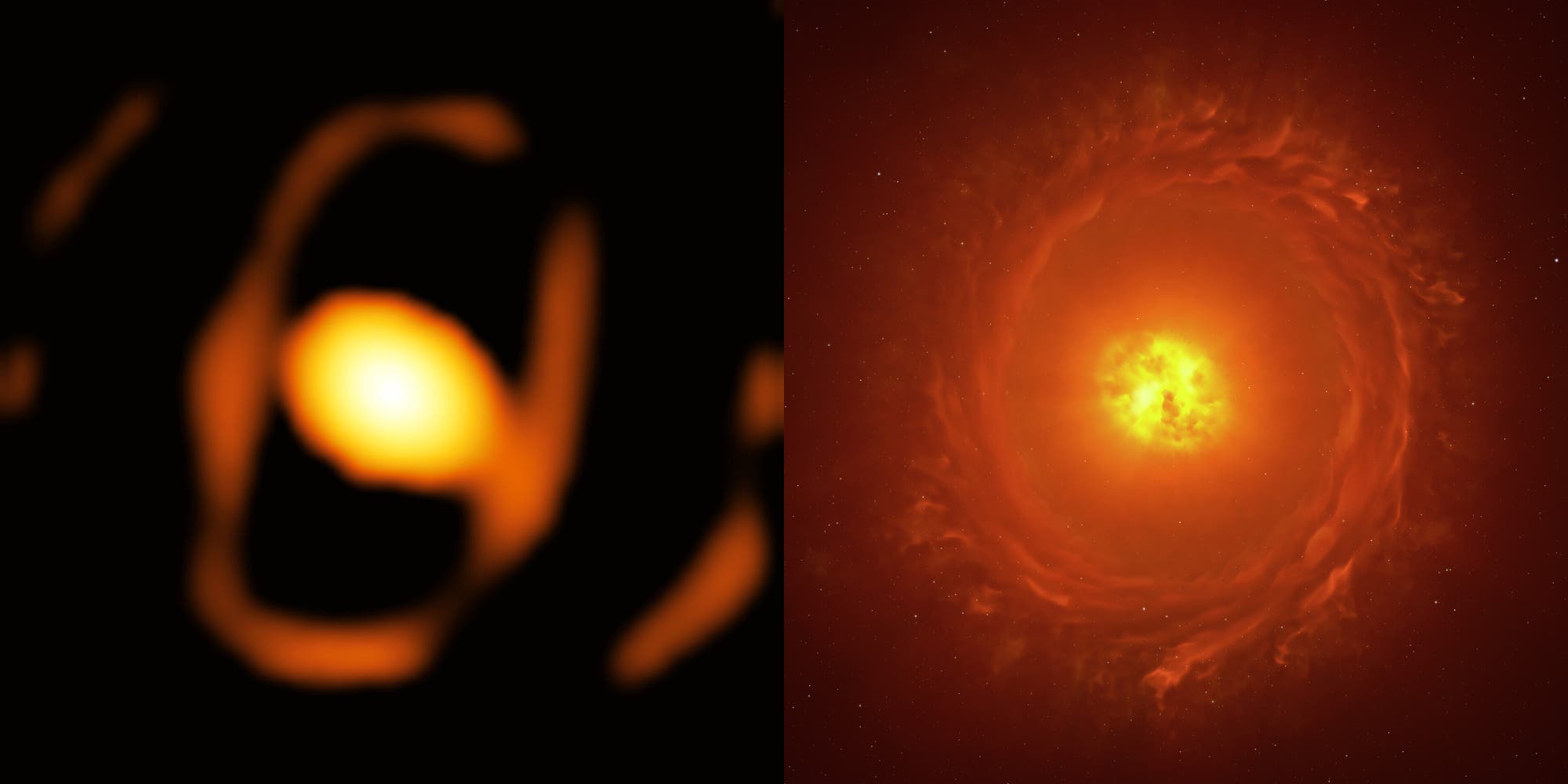 Ein sterbender Riesenstern in der Großen Magellanschen Wolke, links Bild vom VLT-Interferometer, rechts Illustration zur Vedeutlichung.