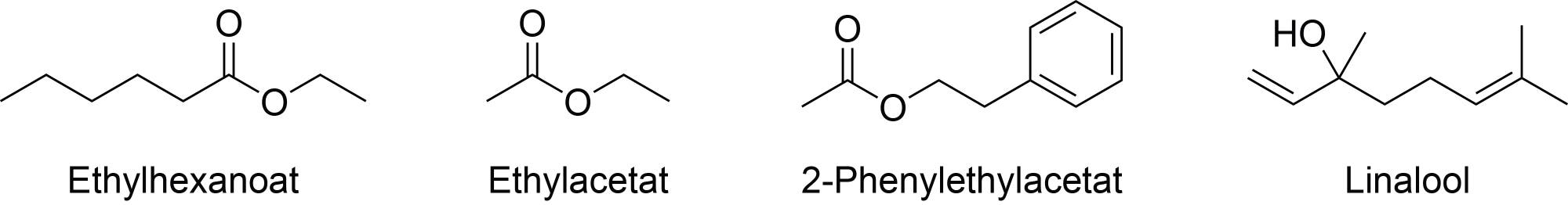 Strukturformeln von Ethylhexanoat, Ethylacetat, 2-Phenylethylacetat und Linalool.