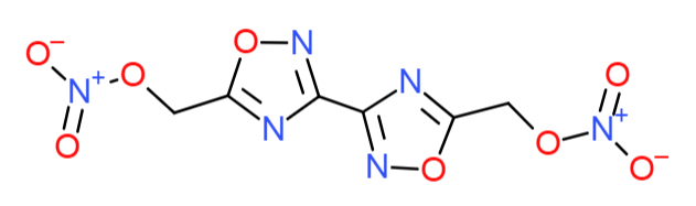 Struktur von Bis-(1,2,4-oxadiazol)bis(methylen)dinitrat. Es enthält sehr viel Stickstoff.